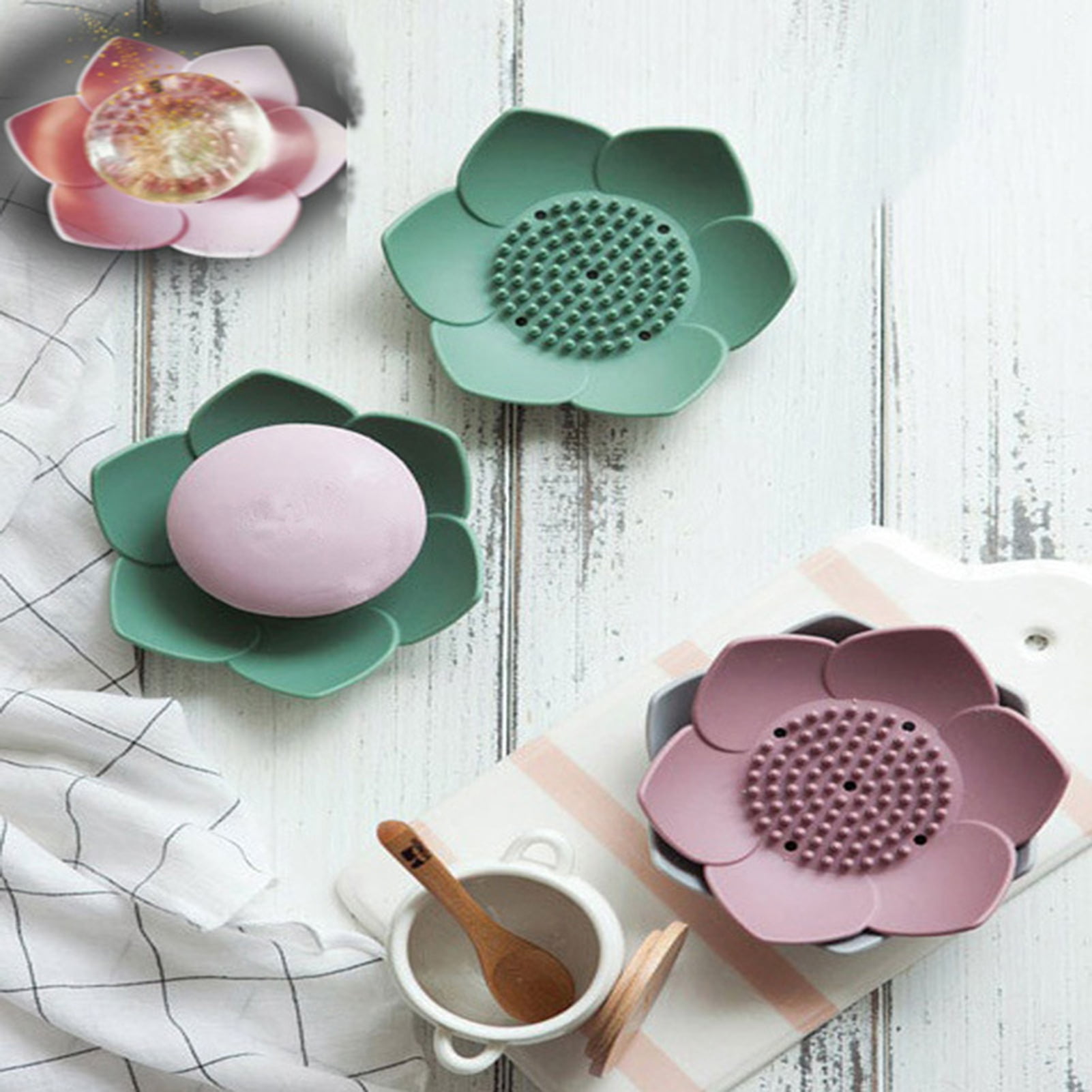 Silicone Soap Dishes with Draining - Lotus Shaped Bathroom Bar Soap Holder for Shower - Soap Tray for Kitchen Sink - Floral Shape Soap Saver for Counter Bathtub(1/4 Pack) Green - Image 5