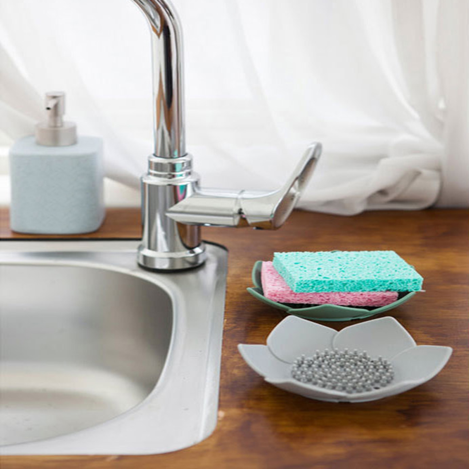 Silicone Soap Dishes with Draining - Lotus Shaped Bathroom Bar Soap Holder for Shower - Soap Tray for Kitchen Sink - Floral Shape Soap Saver for Counter Bathtub(1/4 Pack) Grey - Image 7