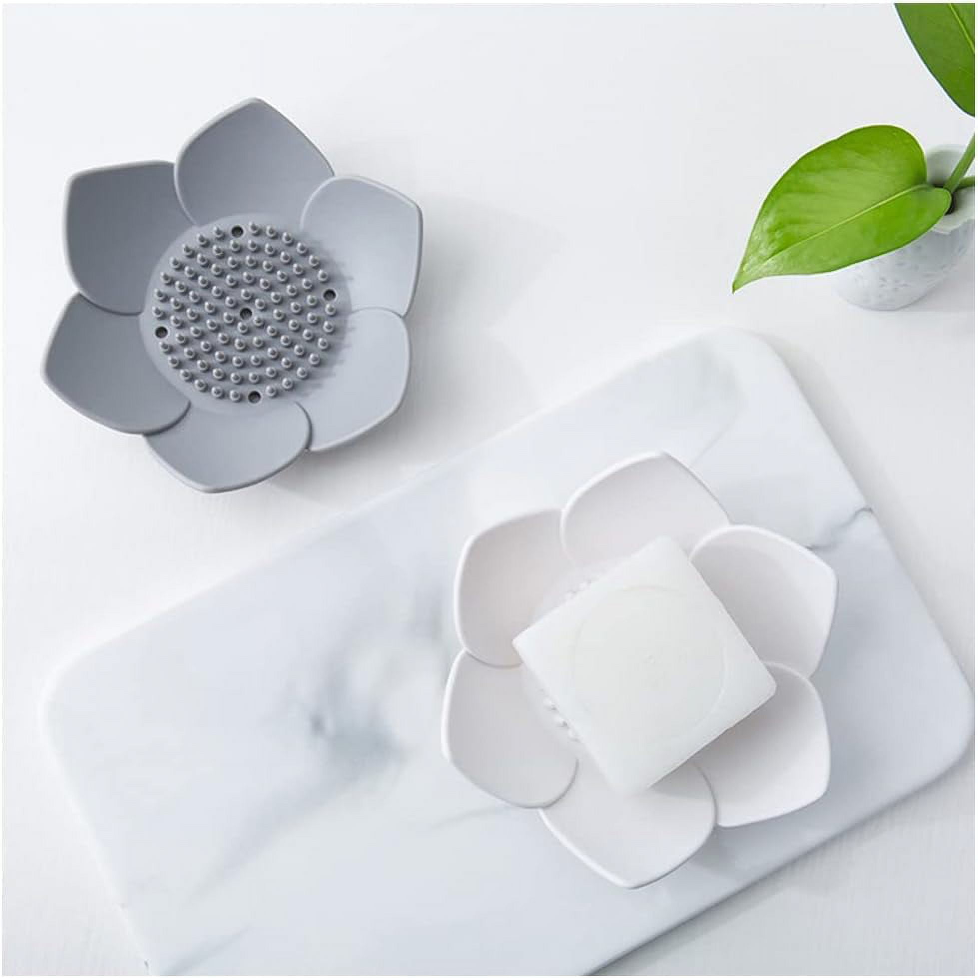 Silicone Soap Dishes with Draining - Lotus Shaped Bathroom Bar Soap Holder for Shower - Soap Tray for Kitchen Sink - Floral Shape Soap Saver for Counter Bathtub(1/4 Pack) Pink - Image 2