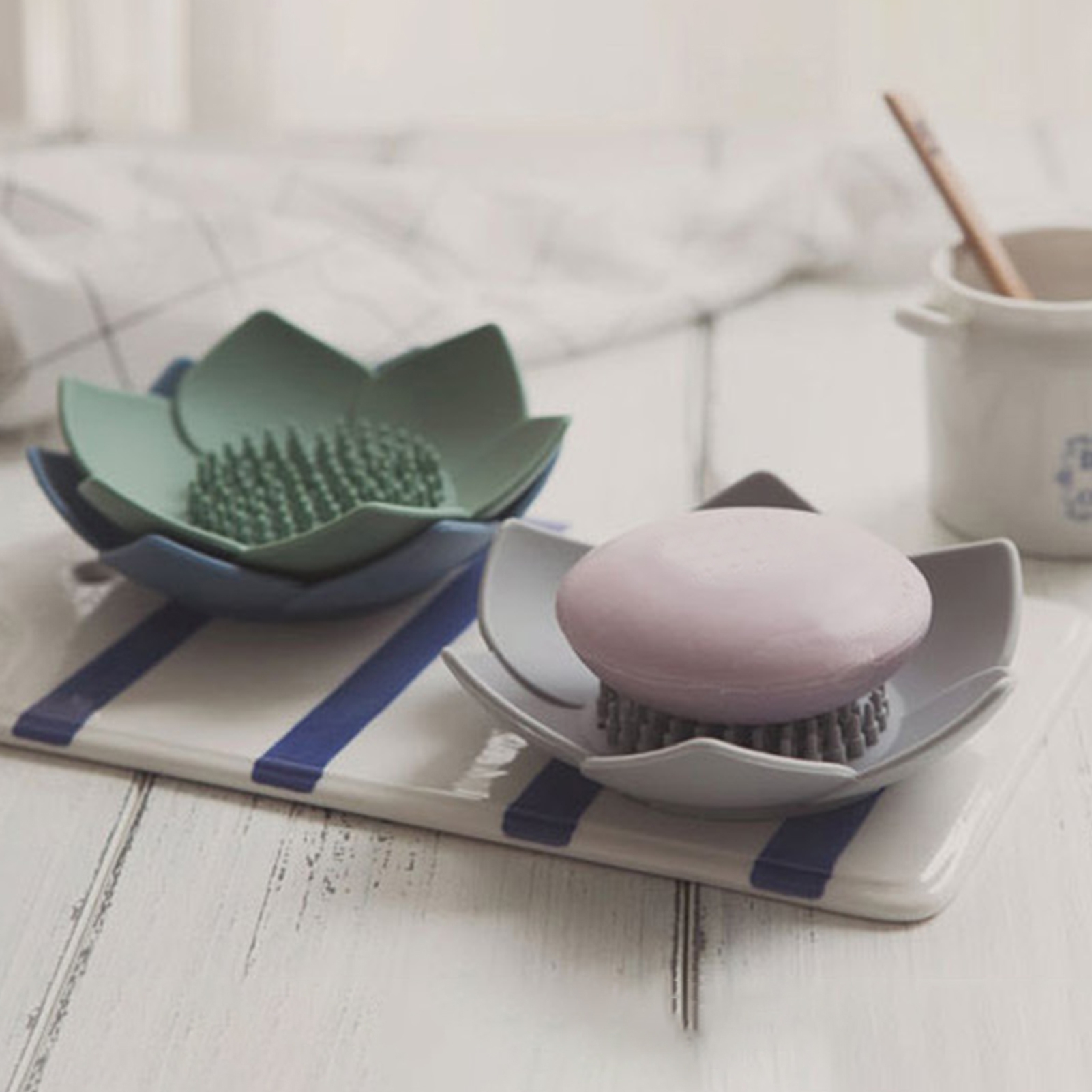 Silicone Soap Dishes with Draining - Lotus Shaped Bathroom Bar Soap Holder for Shower - Soap Tray for Kitchen Sink - Floral Shape Soap Saver for Counter Bathtub(1/4 Pack) White - Image 3