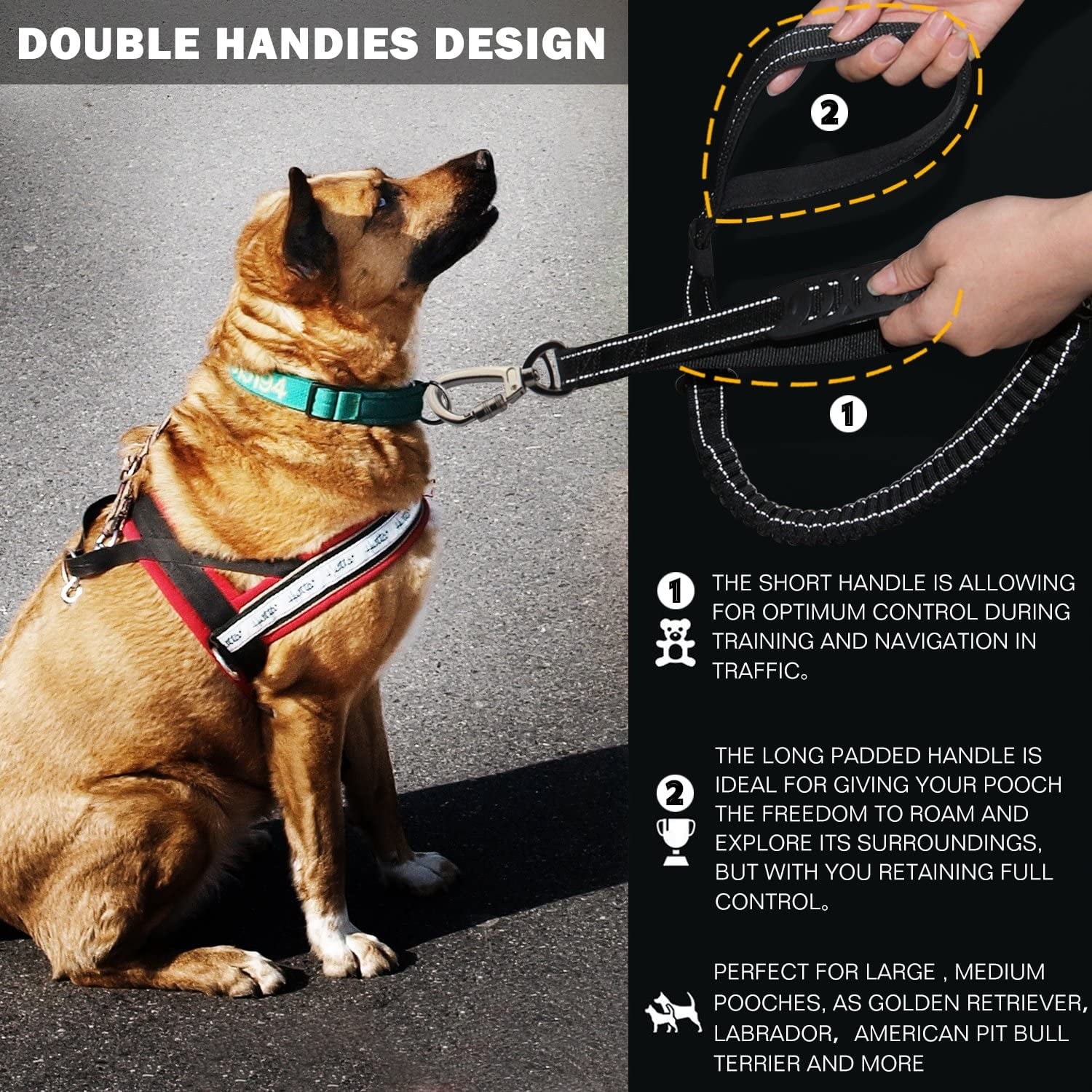 Keyohome Heavy Duty Dog Leash Especially Large Dogs Up to 150lbs, 4-6 Ft Reflective Dog Walking Training Shock Absorbing Bungee L Black - Image 3