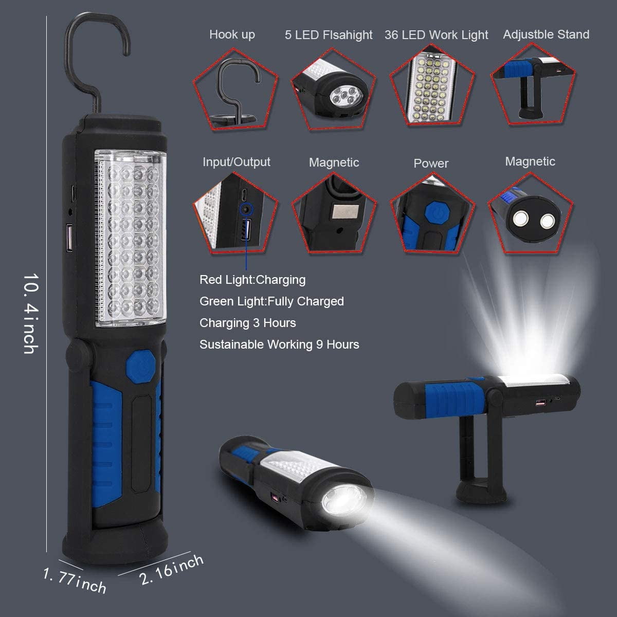 Rechargeable LED Work Light Portable Multi-use Flashlight, Magnetic Flashlight LED & Hanging Hook, Waterproof,for Car Repairing, Blackout,Household and Emergency - Image 2