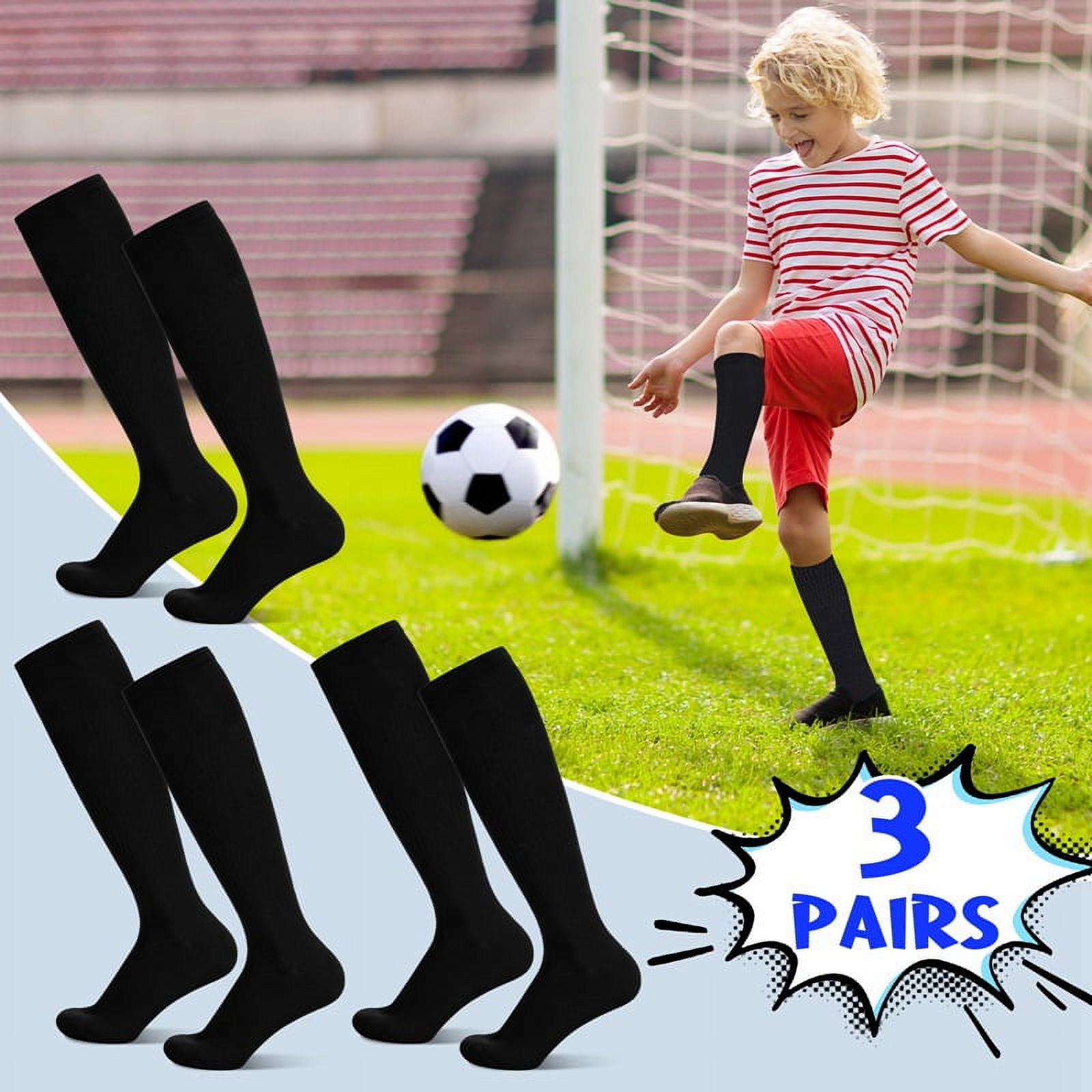 HEQUSIGNS 3 Pairs Kids Soccer Socks,Boys Girls Long Hockey Rugby Socks,Unisex Anti-slip Towel Bottom Football Socks for Children Aged 4-13 to Playing Sports Black - Image 7