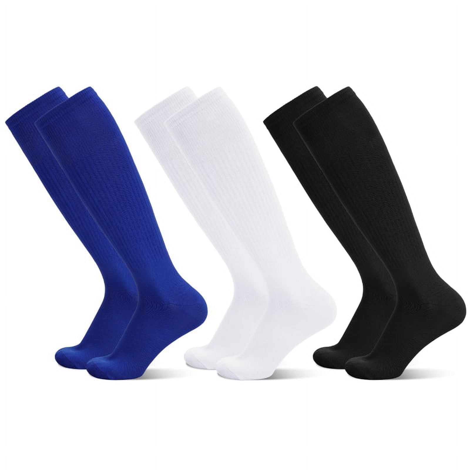 HEQUSIGNS 3 Pairs Kids Soccer Socks,Boys Girls Long Hockey Rugby Socks,Unisex Anti-slip Towel Bottom Football Socks for Children Aged 4-13 to Playing Sports Black+Blue+White - Image 1