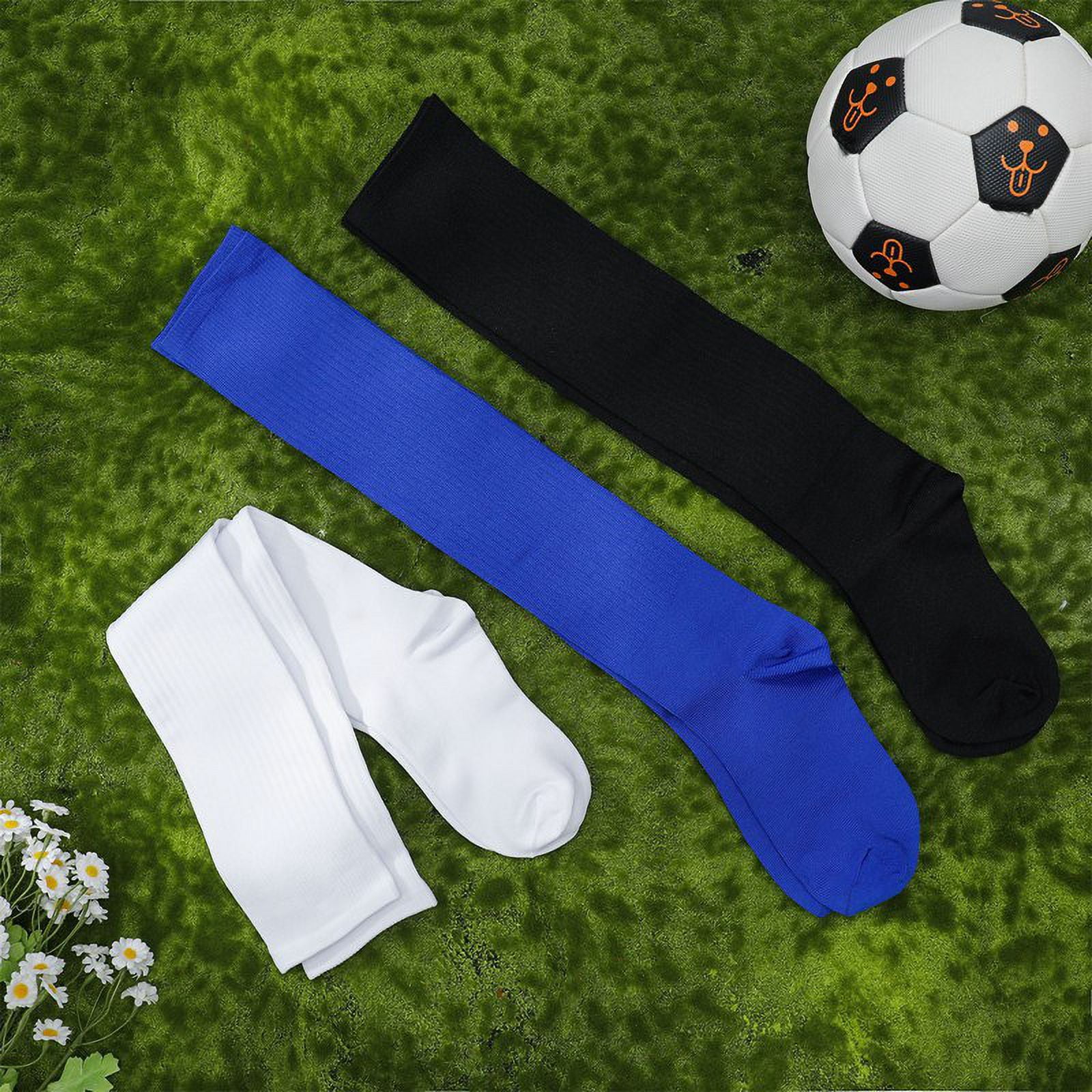 HEQUSIGNS 3 Pairs Kids Soccer Socks,Boys Girls Long Hockey Rugby Socks,Unisex Anti-slip Towel Bottom Football Socks for Children Aged 4-13 to Playing Sports Black+Blue+White - Image 2