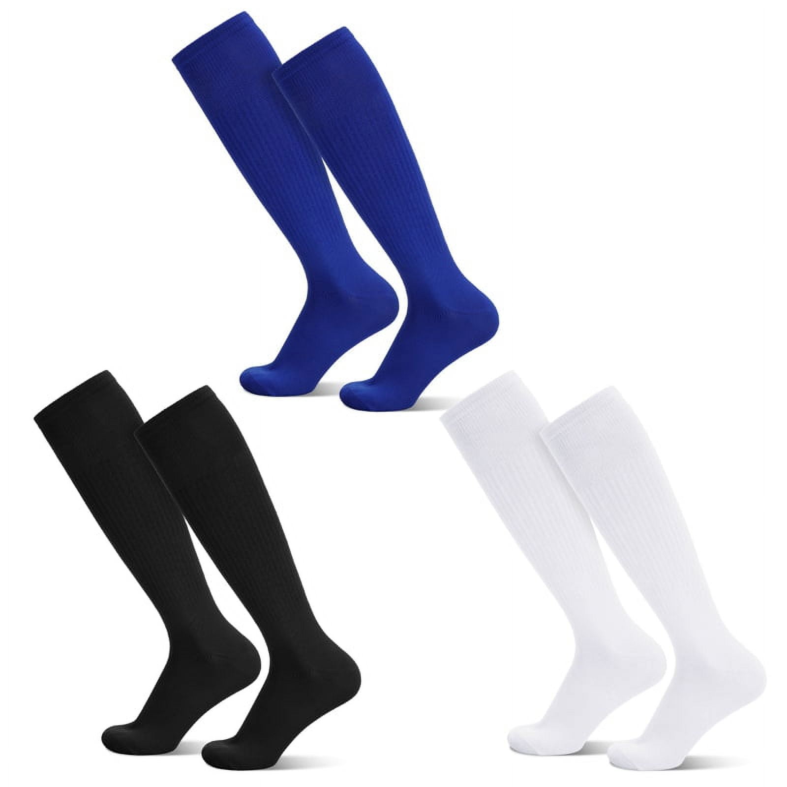 HEQUSIGNS 3 Pairs Kids Soccer Socks,Boys Girls Long Hockey Rugby Socks,Unisex Anti-slip Towel Bottom Football Socks for Children Aged 4-13 to Playing Sports Black+Blue+White - Image 3