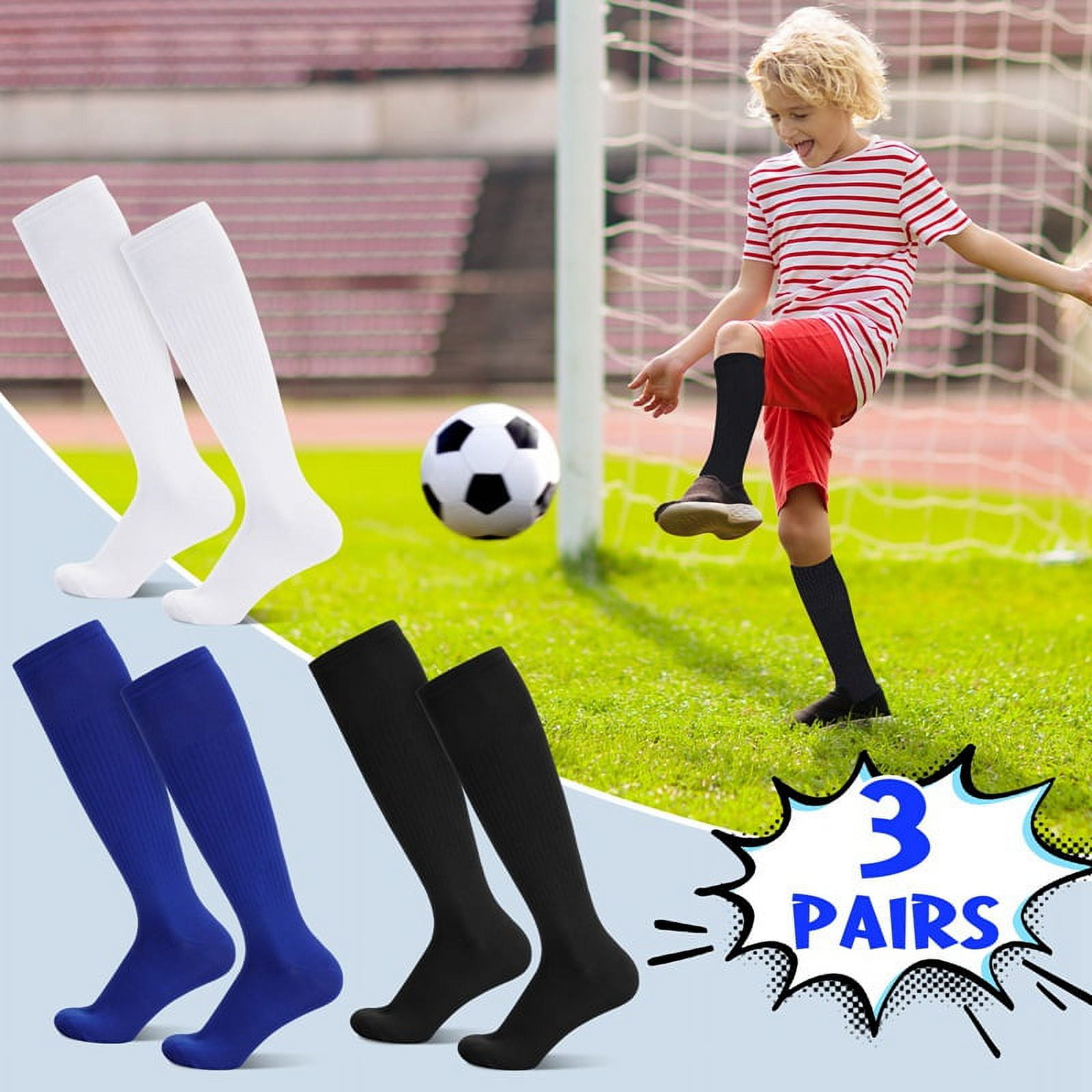 HEQUSIGNS 3 Pairs Kids Soccer Socks,Boys Girls Long Hockey Rugby Socks,Unisex Anti-slip Towel Bottom Football Socks for Children Aged 4-13 to Playing Sports Black+Blue+White - Image 4