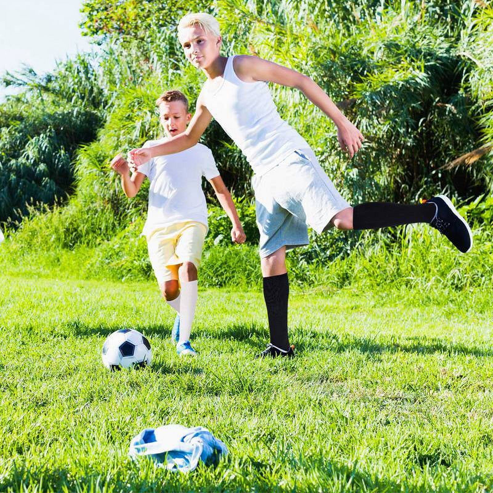 HEQUSIGNS 3 Pairs Kids Soccer Socks,Boys Girls Long Hockey Rugby Socks,Unisex Anti-slip Towel Bottom Football Socks for Children Aged 4-13 to Playing Sports Black+Blue+White - Image 8