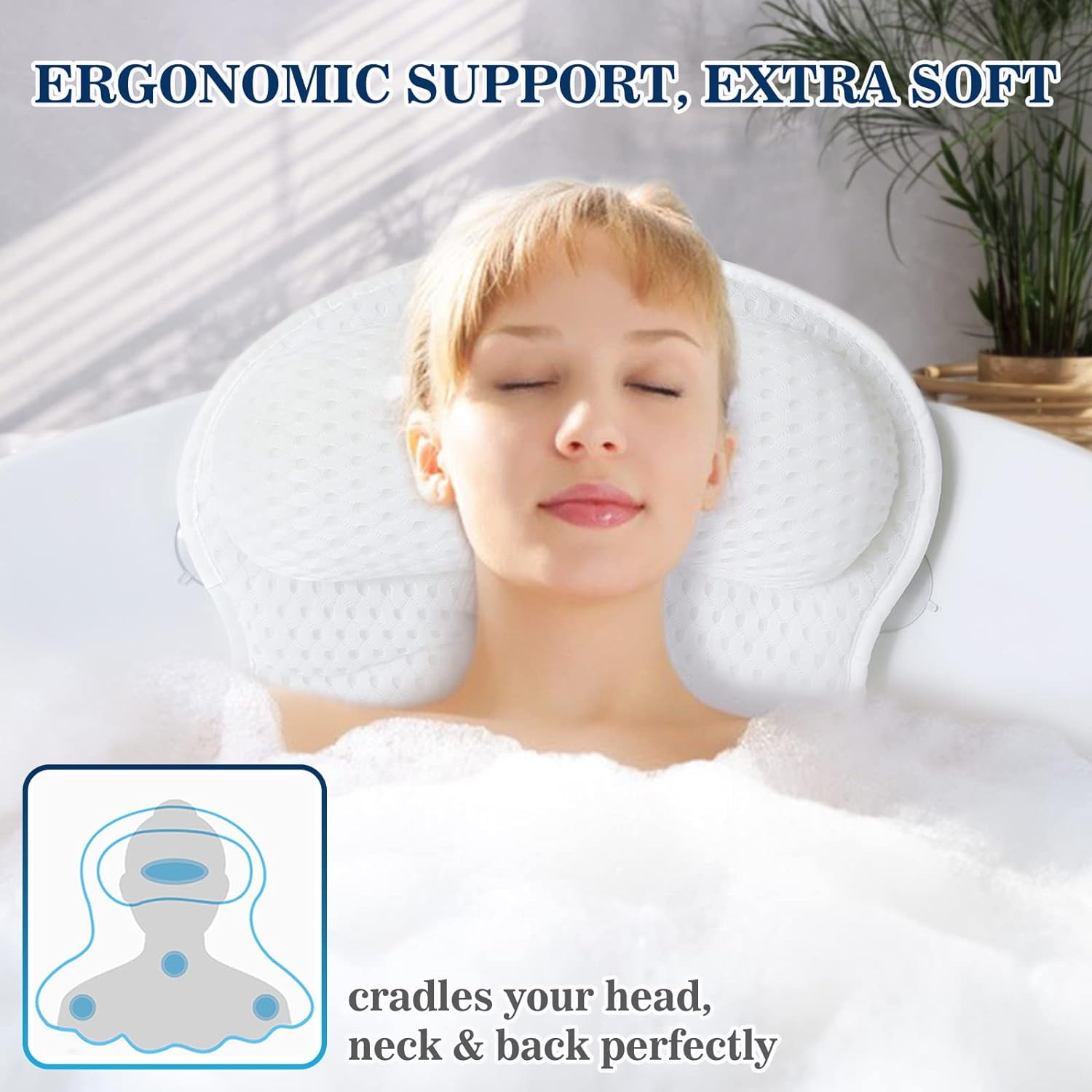 Bath Pillow Bathtub Pillow, Bath Pillows for Tub Neck and Back Support, Bath Tub Pillow Headrest with Soft 4D Mesh Fabric and Non-Slip Suction Cups, Relaxing Bath Accessories Spa Gifts - Image 6