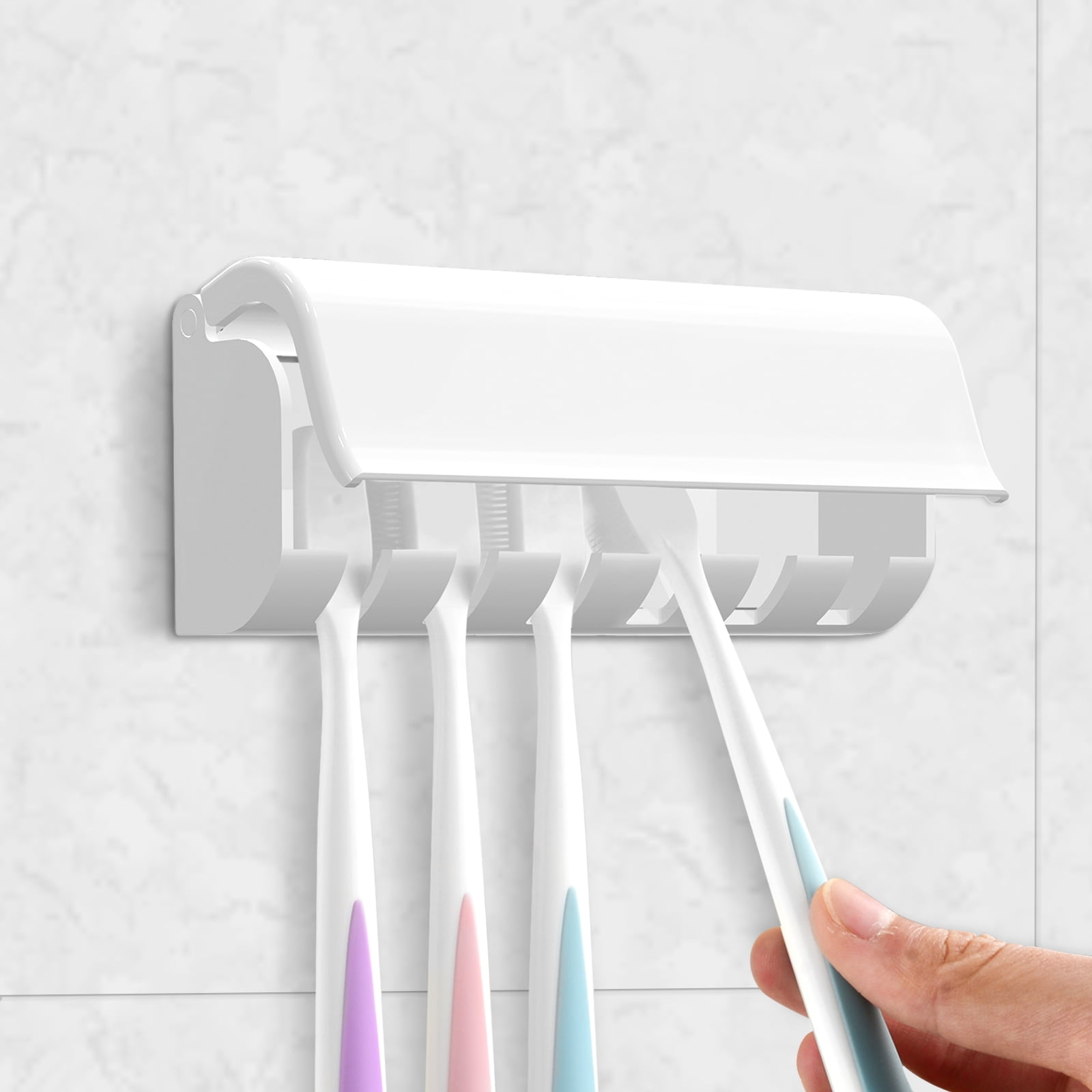 Linkidea 6 Slots Toothbrush Holders Wall Mounted, RV Mirror Toothbrush Organizer Hanger with Cover, Self Adhesive Toothbrush Storage Stand Rack - Image 1