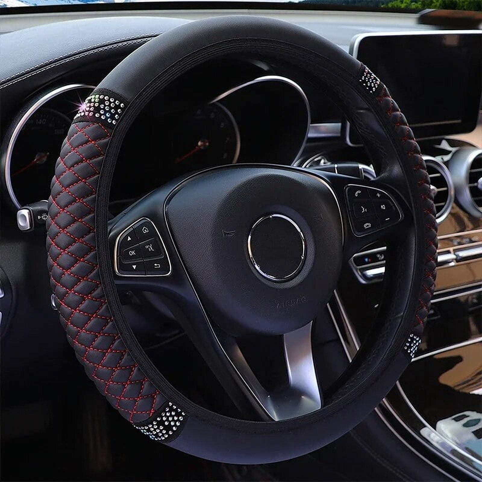 Universal Car Steering Wheel Cover 37-38cm Leather Embroidered Color Diamond-Studded Elastic Four Seasons Steering Wheel Cover Black Black-Red - Image 1