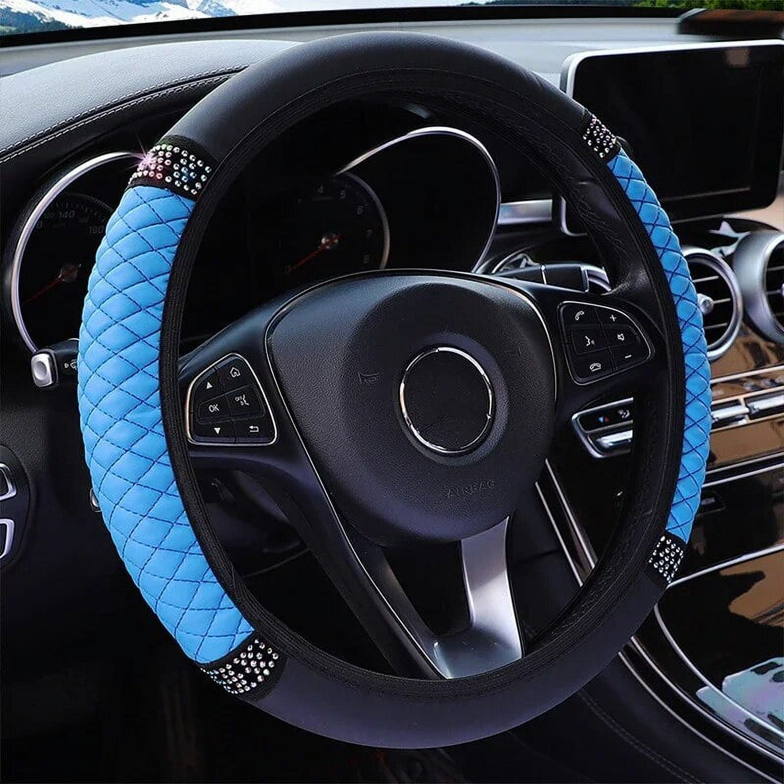 Universal Car Steering Wheel Cover 37-38cm Leather Embroidered Color Diamond-Studded Elastic Four Seasons Steering Wheel Cover Black Blue - Image 1