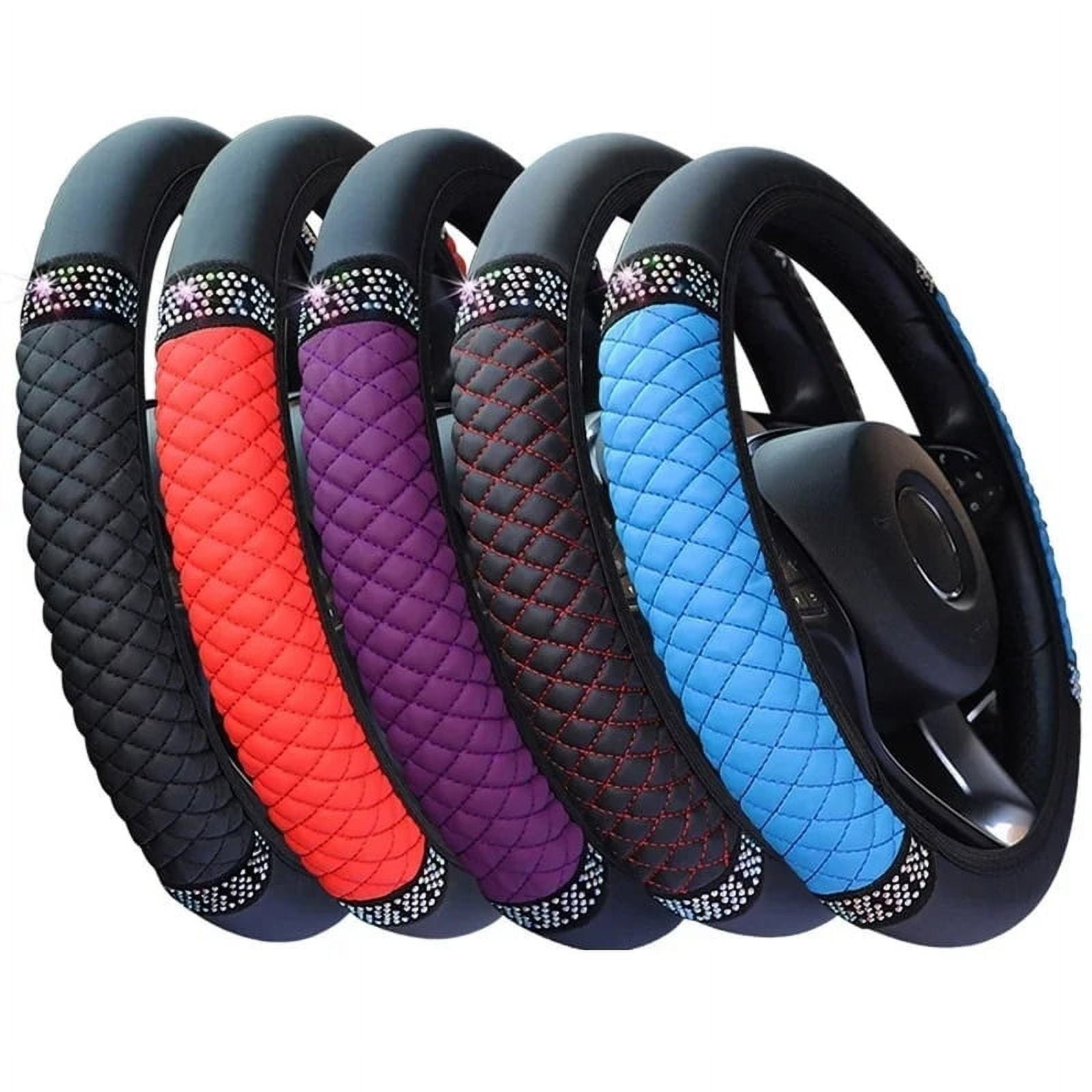 Universal Car Steering Wheel Cover 37-38cm Leather Embroidered Color Diamond-Studded Elastic Four Seasons Steering Wheel Cover Black Blue - Image 2
