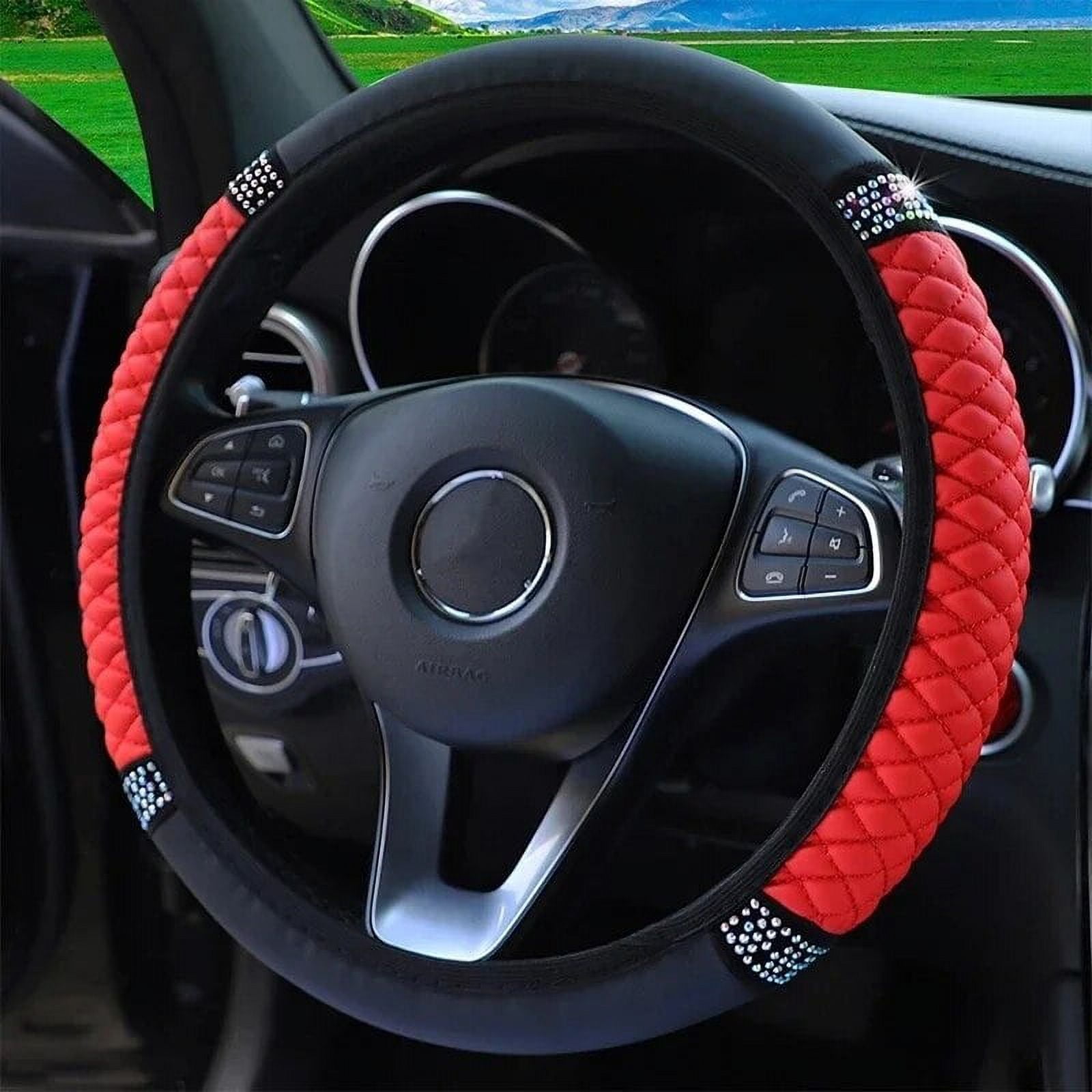 Universal Car Steering Wheel Cover 37-38cm Leather Embroidered Color Diamond-Studded Elastic Four Seasons Steering Wheel Cover Black Blue - Image 3