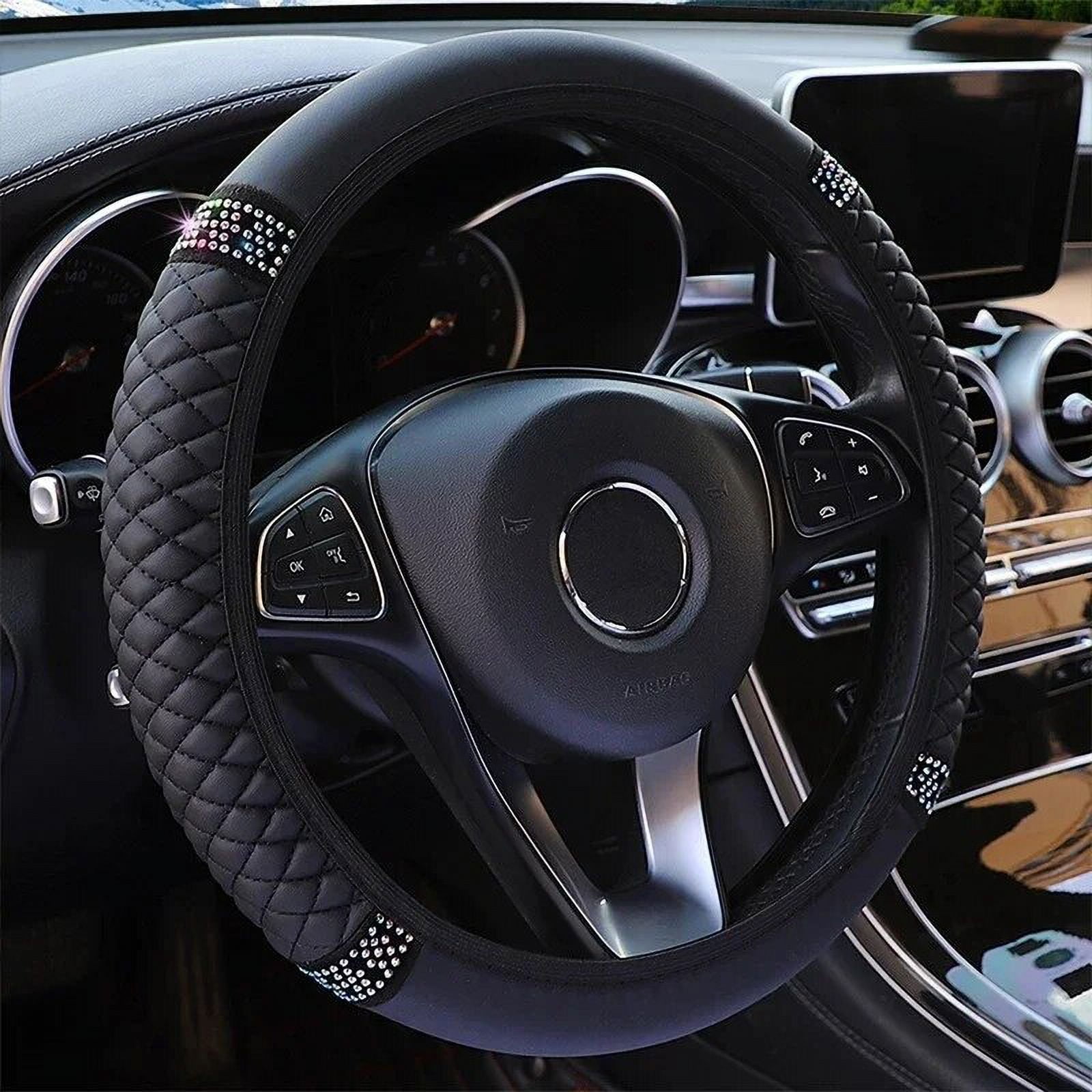 Universal Car Steering Wheel Cover 37-38cm Leather Embroidered Color Diamond-Studded Elastic Four Seasons Steering Wheel Cover Black Blue - Image 4