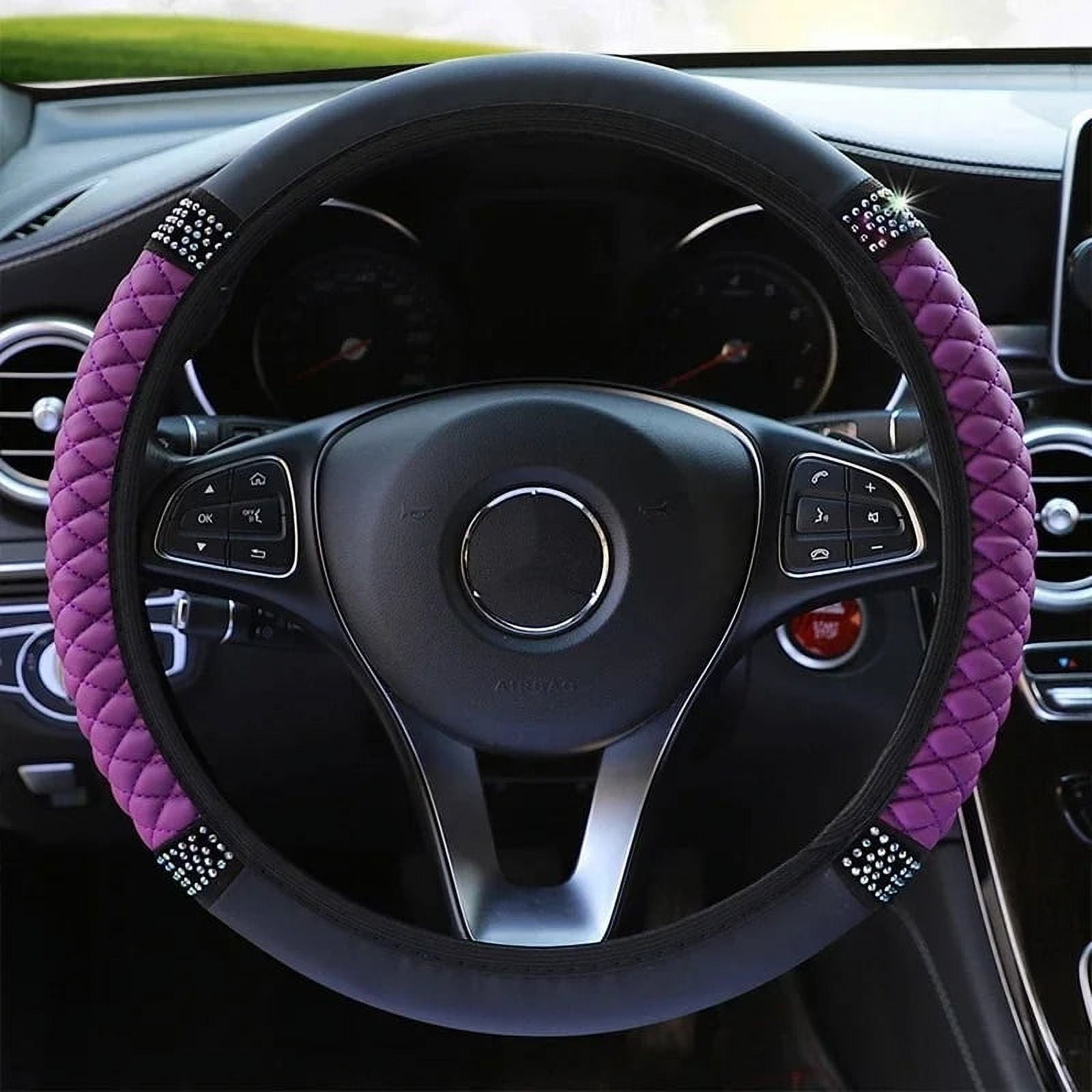 Universal Car Steering Wheel Cover 37-38cm Leather Embroidered Color Diamond-Studded Elastic Four Seasons Steering Wheel Cover Black Blue - Image 5