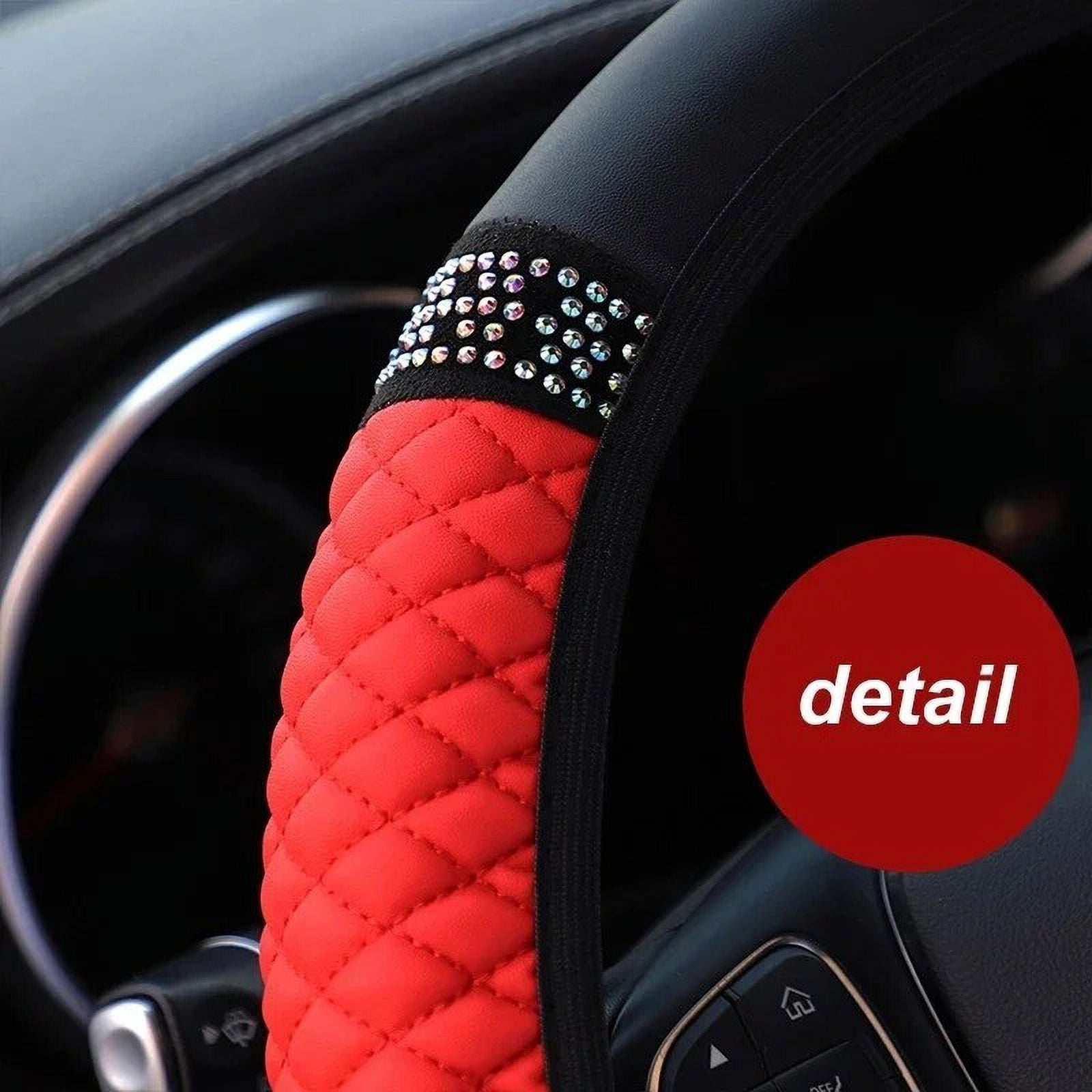 Universal Car Steering Wheel Cover 37-38cm Leather Embroidered Color Diamond-Studded Elastic Four Seasons Steering Wheel Cover Black Blue - Image 6