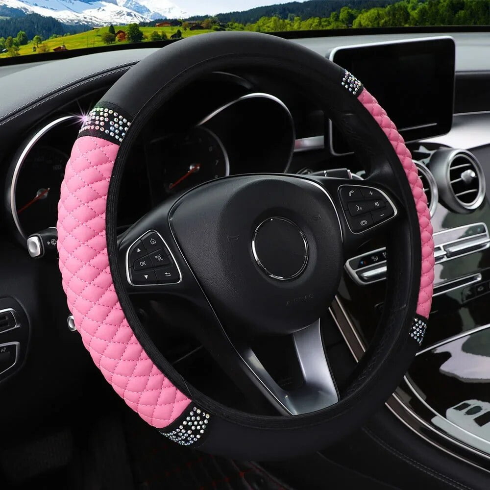 Universal Car Steering Wheel Cover 37-38cm Leather Embroidered Color Diamond-Studded Elastic Four Seasons Steering Wheel Cover Black Pink - Image 1