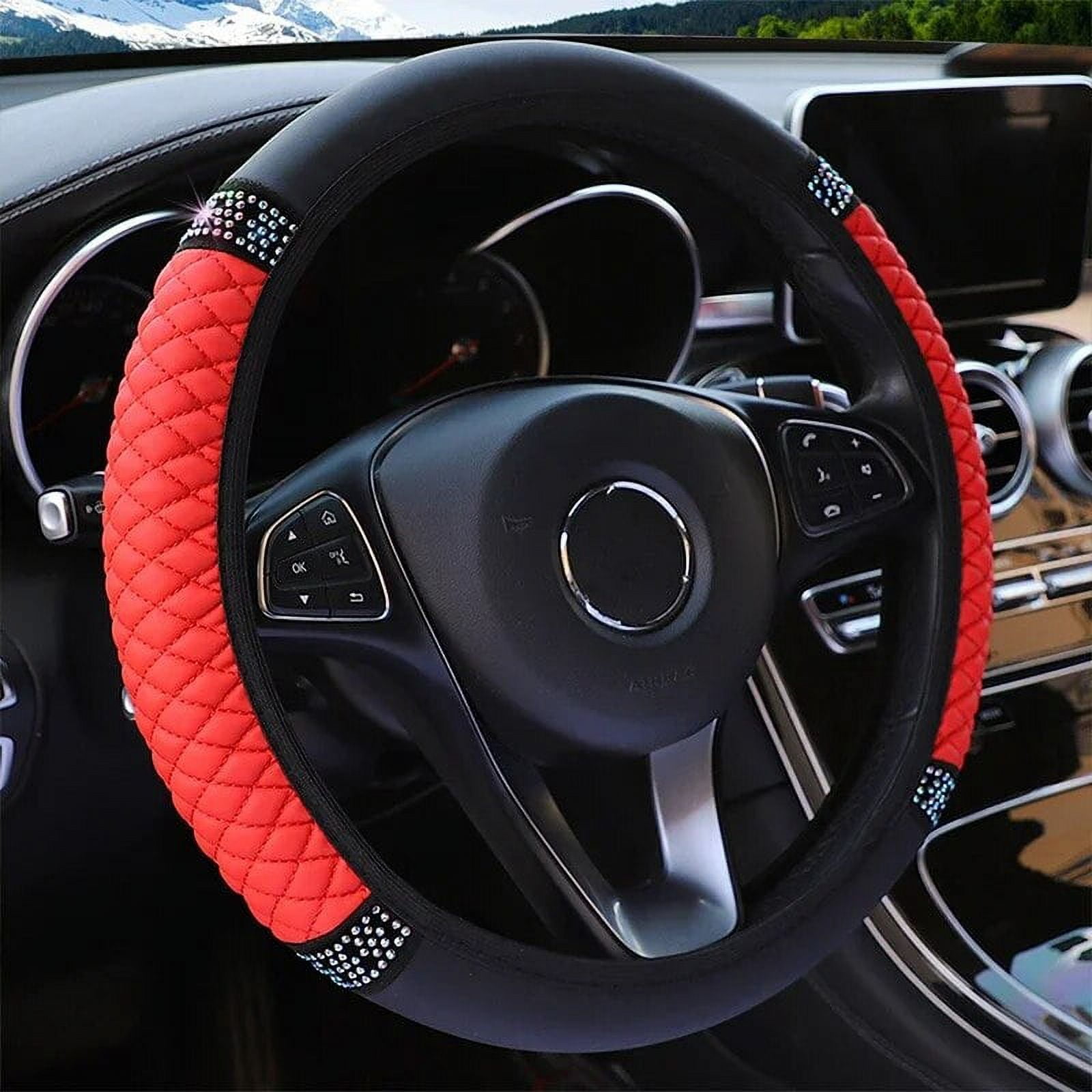 Universal Car Steering Wheel Cover 37-38cm Leather Embroidered Color Diamond-Studded Elastic Four Seasons Steering Wheel Cover Black Red - Image 1