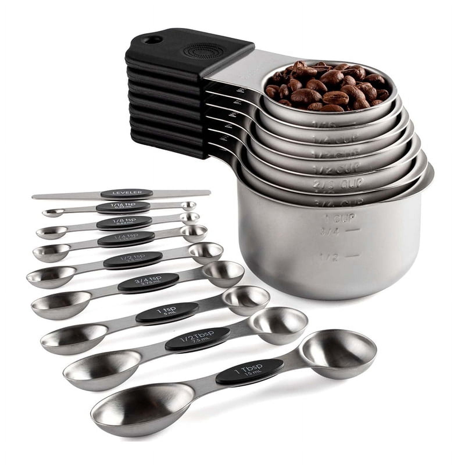 16Pc Magnetic Stainless Steel Measuring Cups & Spoons Set, 7 Heavy Duty Cups,8 Double Sided Spoons with Leveler Black 16PCS - Image 1