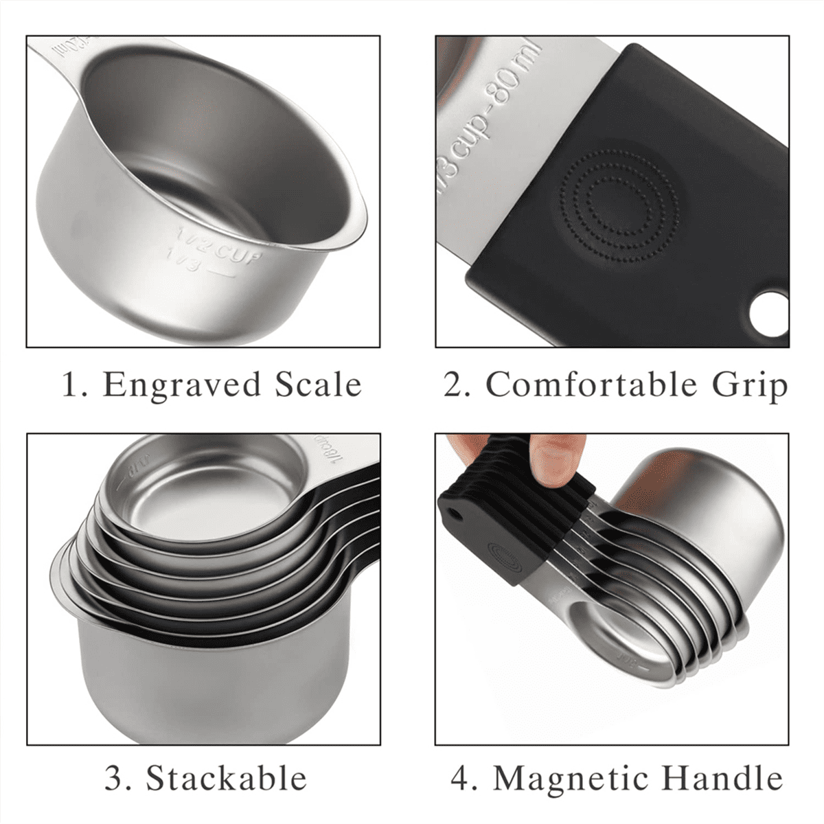 16Pc Magnetic Stainless Steel Measuring Cups & Spoons Set, 7 Heavy Duty Cups,8 Double Sided Spoons with Leveler Black 16PCS - Image 3