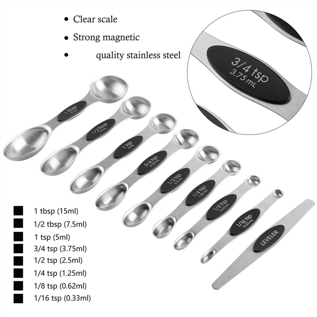 16Pc Magnetic Stainless Steel Measuring Cups & Spoons Set, 7 Heavy Duty Cups,8 Double Sided Spoons with Leveler Black 16PCS - Image 4