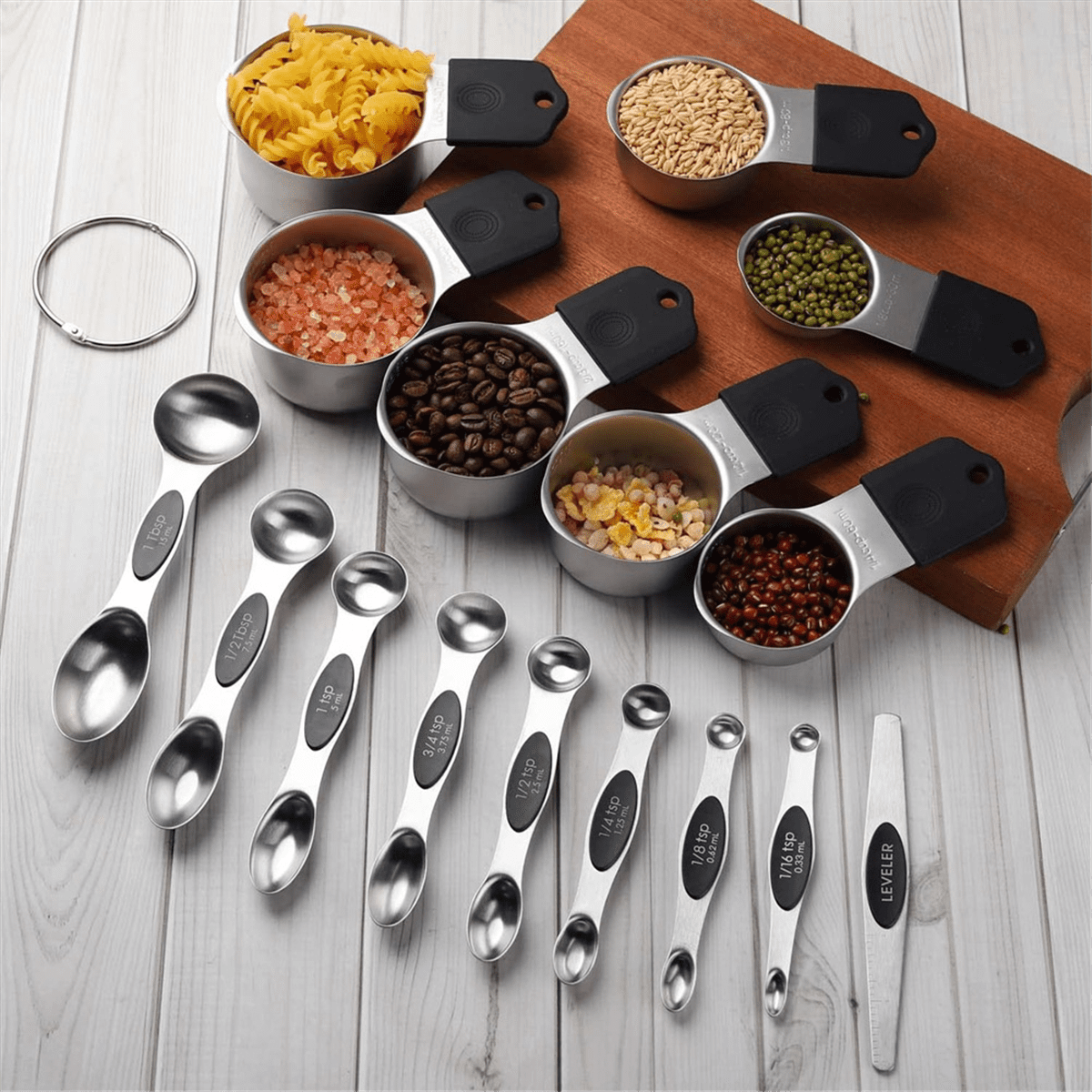 16Pc Magnetic Stainless Steel Measuring Cups & Spoons Set, 7 Heavy Duty Cups,8 Double Sided Spoons with Leveler Black 16PCS - Image 8