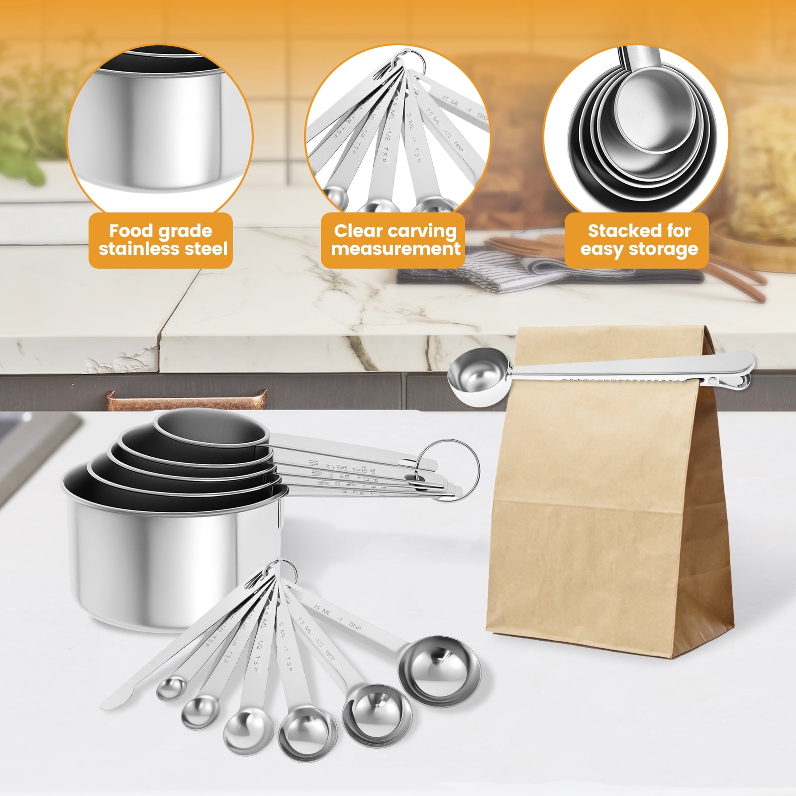 16Pc Magnetic Stainless Steel Measuring Cups & Spoons Set, 7 Heavy Duty Cups,8 Double Sided Spoons with Leveler Black 26PCS - Image 6