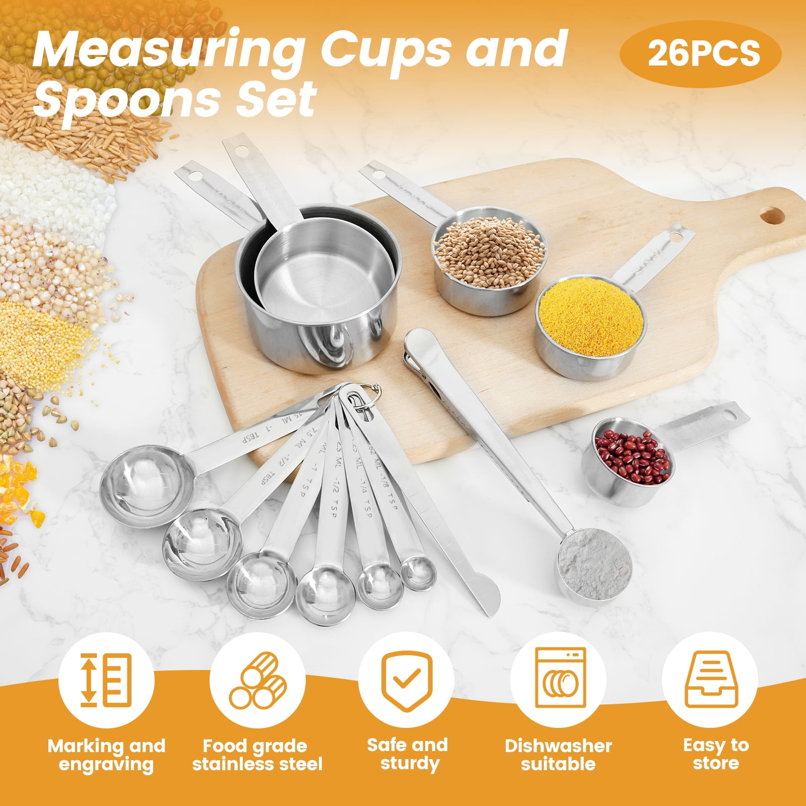 16Pc Magnetic Stainless Steel Measuring Cups & Spoons Set, 7 Heavy Duty Cups,8 Double Sided Spoons with Leveler Black 26PCS - Image 8