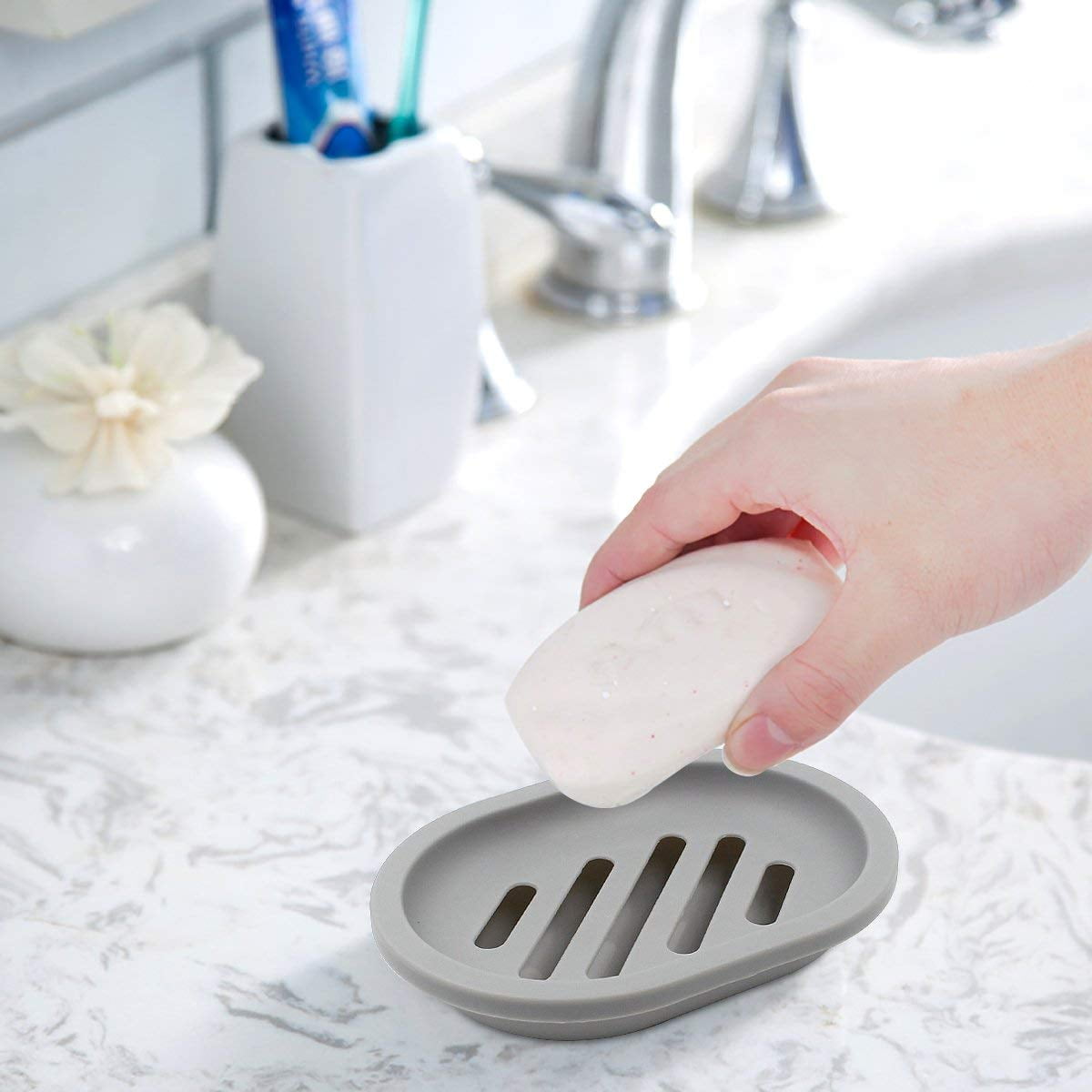 2-Pack Soap Dish with Drain, Soap Holder, Soap Saver, Easy Cleaning, Dry, Stop Mushy Soap (Gray) Gray - Image 4