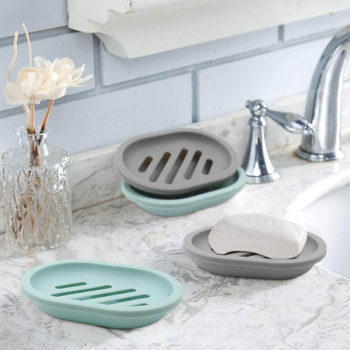 2-Pack Soap Dish with Drain, Soap Holder, Soap Saver, Easy Cleaning, Dry, Stop Mushy Soap (Gray) Gray - Image 6