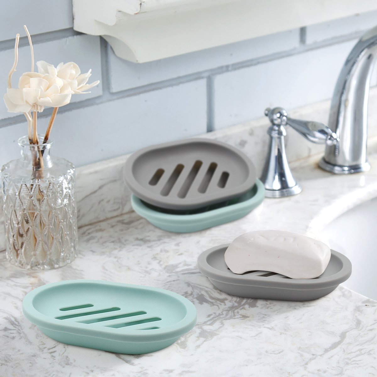 2-Pack Soap Dish with Drain, Soap Holder, Soap Saver, Easy Cleaning, Dry, Stop Mushy Soap (Gray) Green - Image 4