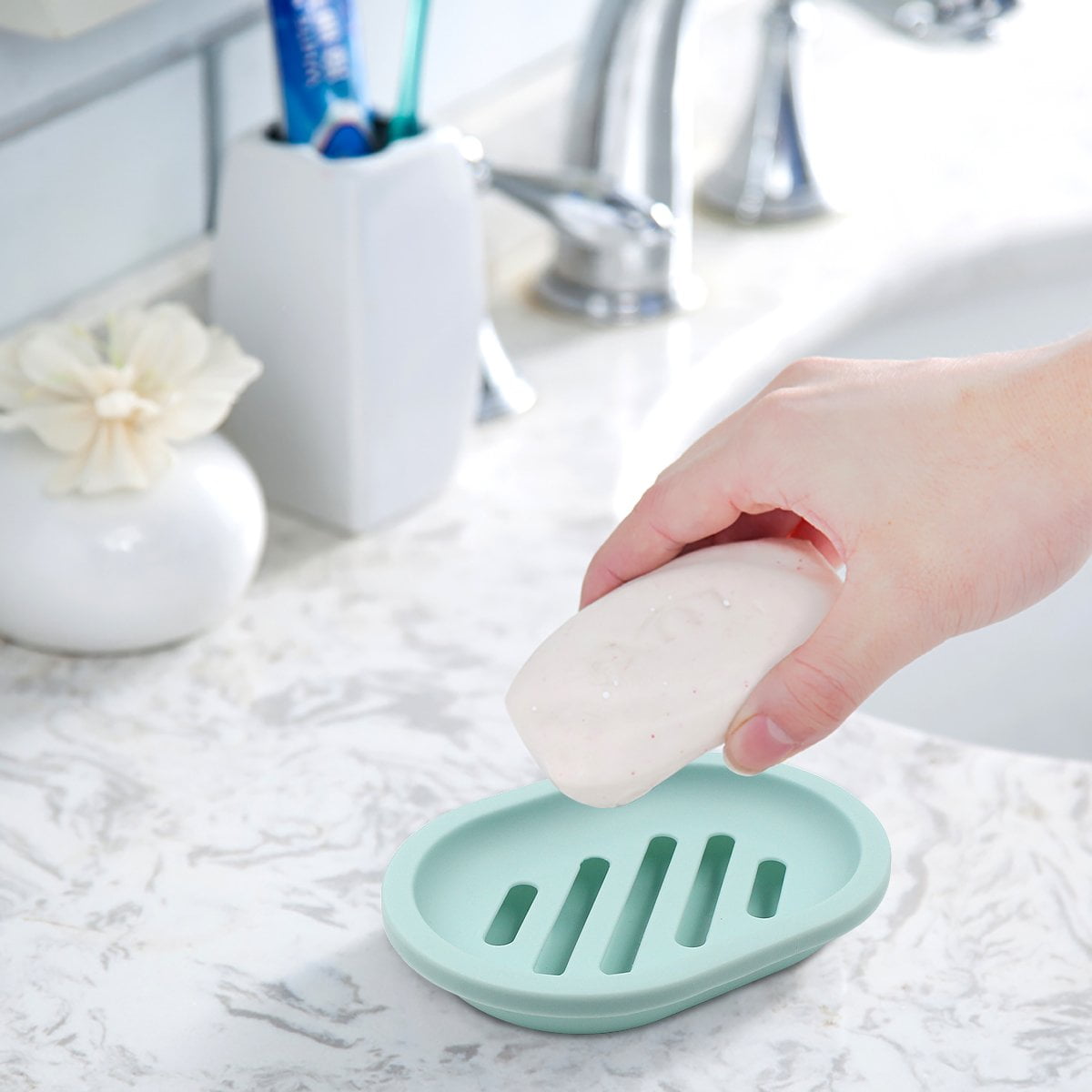 2-Pack Soap Dish with Drain, Soap Holder, Soap Saver, Easy Cleaning, Dry, Stop Mushy Soap (Gray) Green - Image 8
