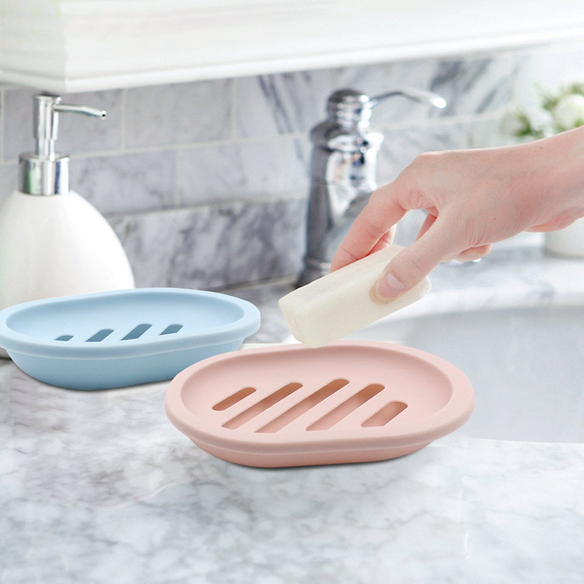 2-Pack Soap Dish with Drain, Soap Holder, Soap Saver, Easy Cleaning, Dry, Stop Mushy Soap (Gray) Pink - Image 2