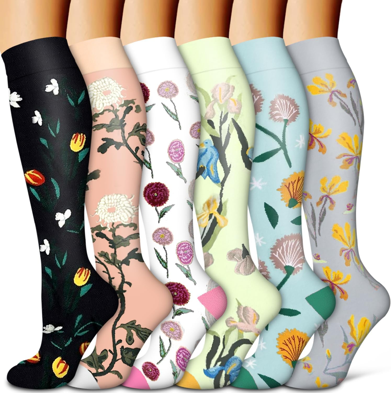 6Pairs Compression Socks for Women and Men - Best for Circulation, Running, Athletic, Recover, Nurse, Travel L/XL 01 Black/Oranga/White/Green/Blue/Gray - Image 1