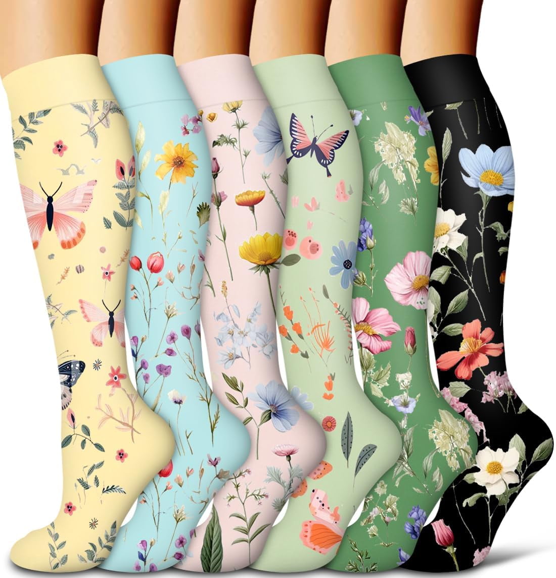 6Pairs Compression Socks for Women and Men - Best for Circulation, Running, Athletic, Recover, Nurse, Travel S/M 05 Yellow/Blue/Pink/Green/Green/Black - Image 1