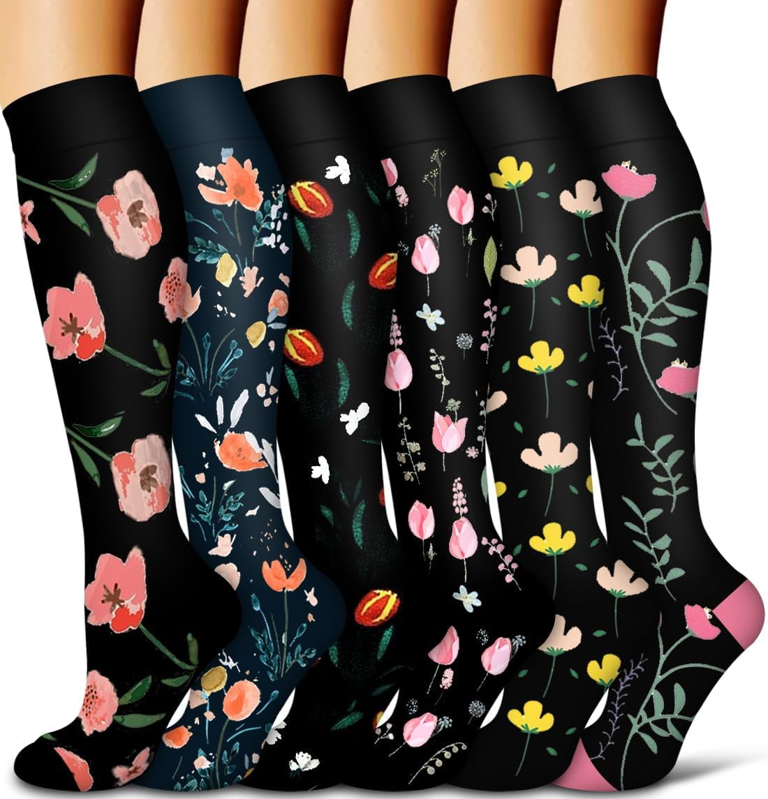 6Pairs Compression Socks for Women and Men - Best for Circulation, Running, Athletic, Recover, Nurse, Travel L/XL 06 Black Flower - Image 1
