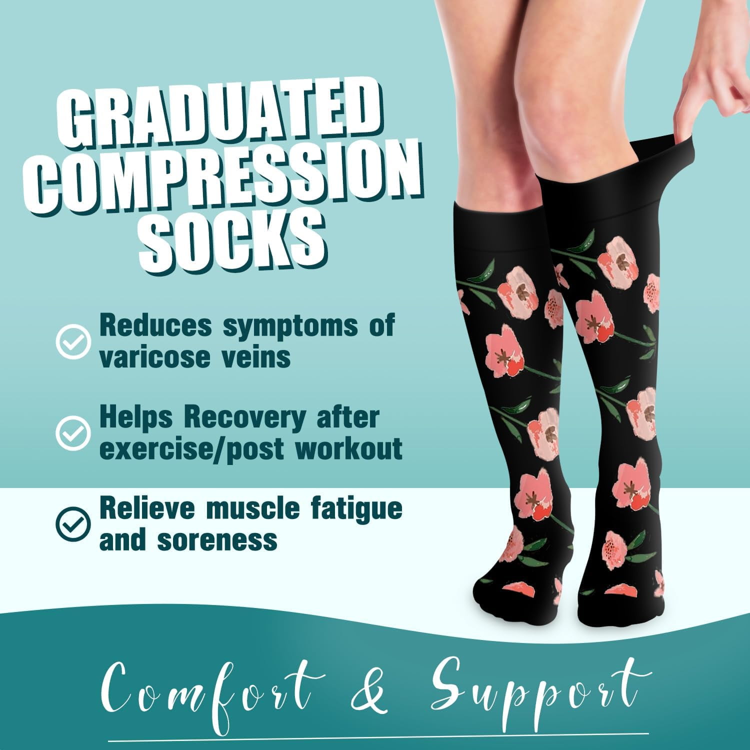 6Pairs Compression Socks for Women and Men - Best for Circulation, Running, Athletic, Recover, Nurse, Travel L/XL 06 Black Flower - Image 2
