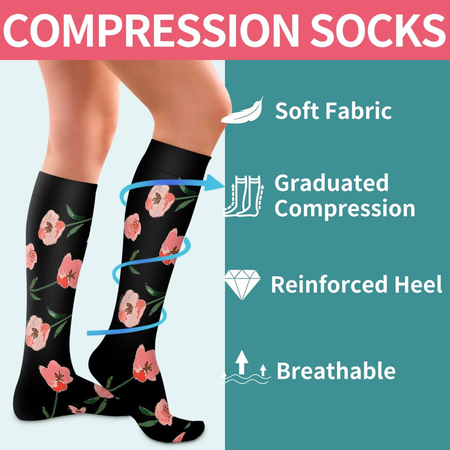 6Pairs Compression Socks for Women and Men - Best for Circulation, Running, Athletic, Recover, Nurse, Travel L/XL 06 Black Flower - Image 5