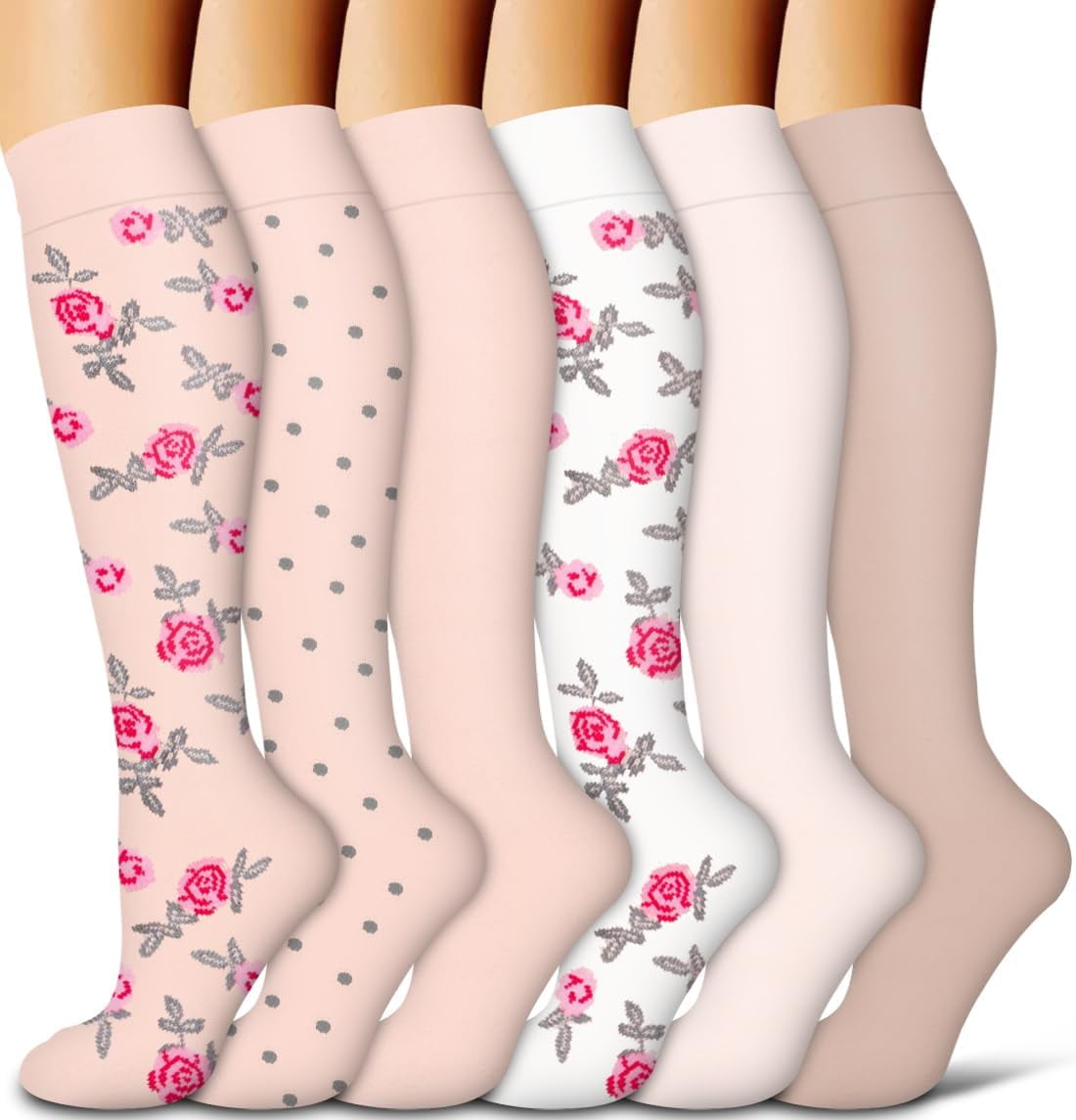 6Pairs Compression Socks for Women and Men - Best for Circulation, Running, Athletic, Recover, Nurse, Travel L/XL 21 Pink 5 Pairs/White - Image 1