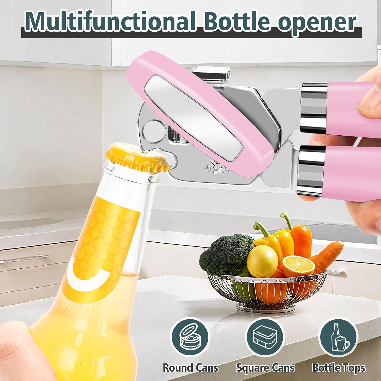 SHAOTELLME Stainless Steel Can Opener Manual Multifunctional Labor Saving Can Opener Kitchen Creative Can Opener Tool Easily Open Cans Of Various Sizes, 3PC pink - Image 8