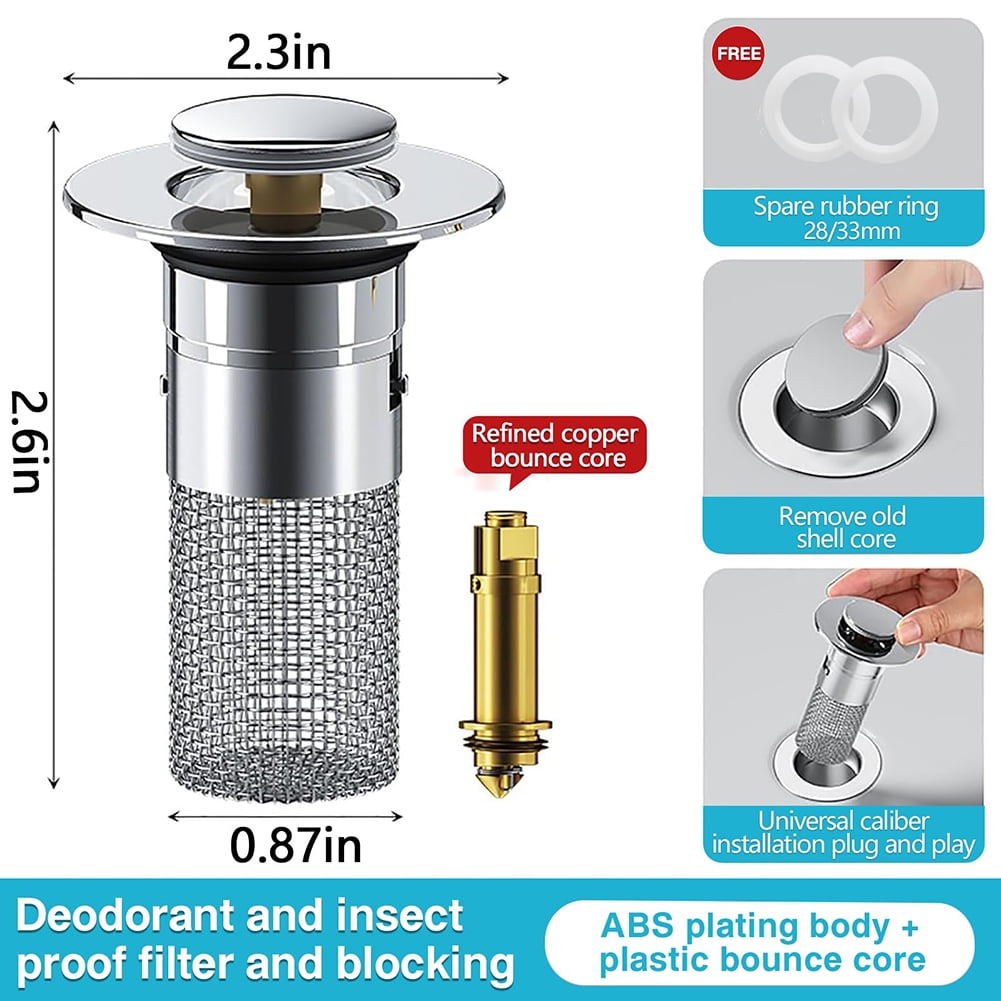 2Pcs Bathroom Sink Stopper Hair Catcher, Pop-up Sink Drain Strainer with Removable Stainless Steel Strainer Basket Hair Catcher, Bathroom Sink Strainer for Bathroom Sink Stopper Replacement - Image 2