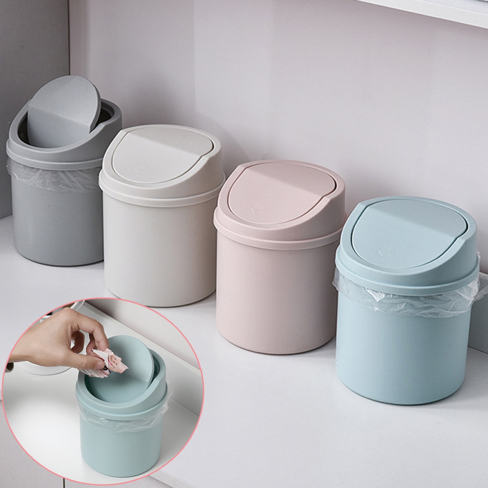 Walbest Desktop Mini Cute Trash Can with Swing Lid, Space Saving PP Plastic Cylindrical Tiny Garbage Can, Size: 6.69