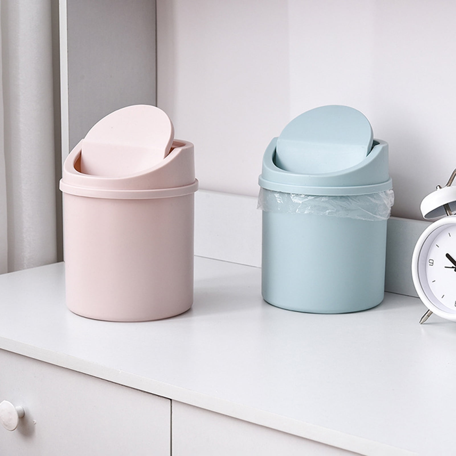 Walbest Desktop Mini Cute Trash Can with Swing Lid, Space Saving PP Plastic Cylindrical Tiny Garbage Can, Size: 6.69