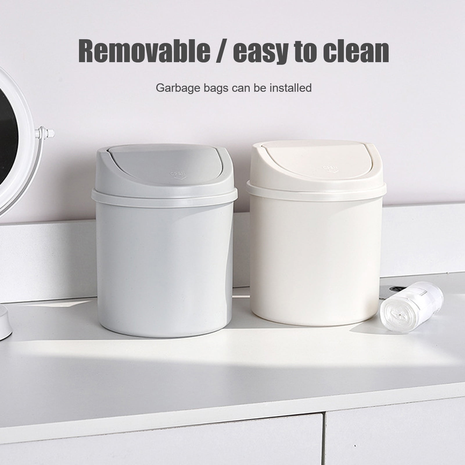 Walbest Desktop Mini Cute Trash Can with Swing Lid, Space Saving PP Plastic Cylindrical Tiny Garbage Can, Size: 6.69
