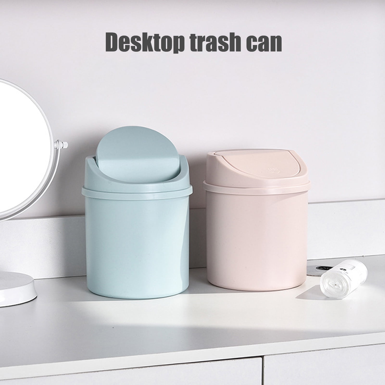 Walbest Desktop Mini Cute Trash Can with Swing Lid, Space Saving PP Plastic Cylindrical Tiny Garbage Can, Size: 6.69