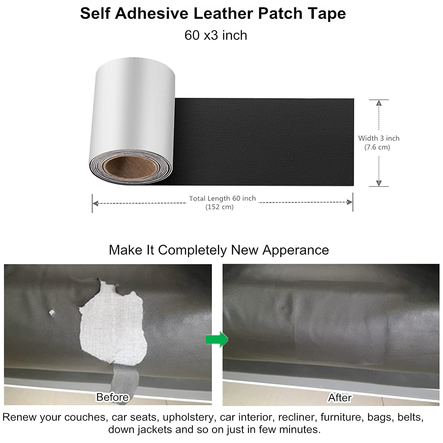 Miaochuan 3 x 60 Inch Self Adhesive Leather Repair Patch Tape, and Leather Repair Kit for Couches, Furniture, Car Seat, Boat Seat, Sofa, Upholstery, Chair, Interior(Ivory Brown) 3