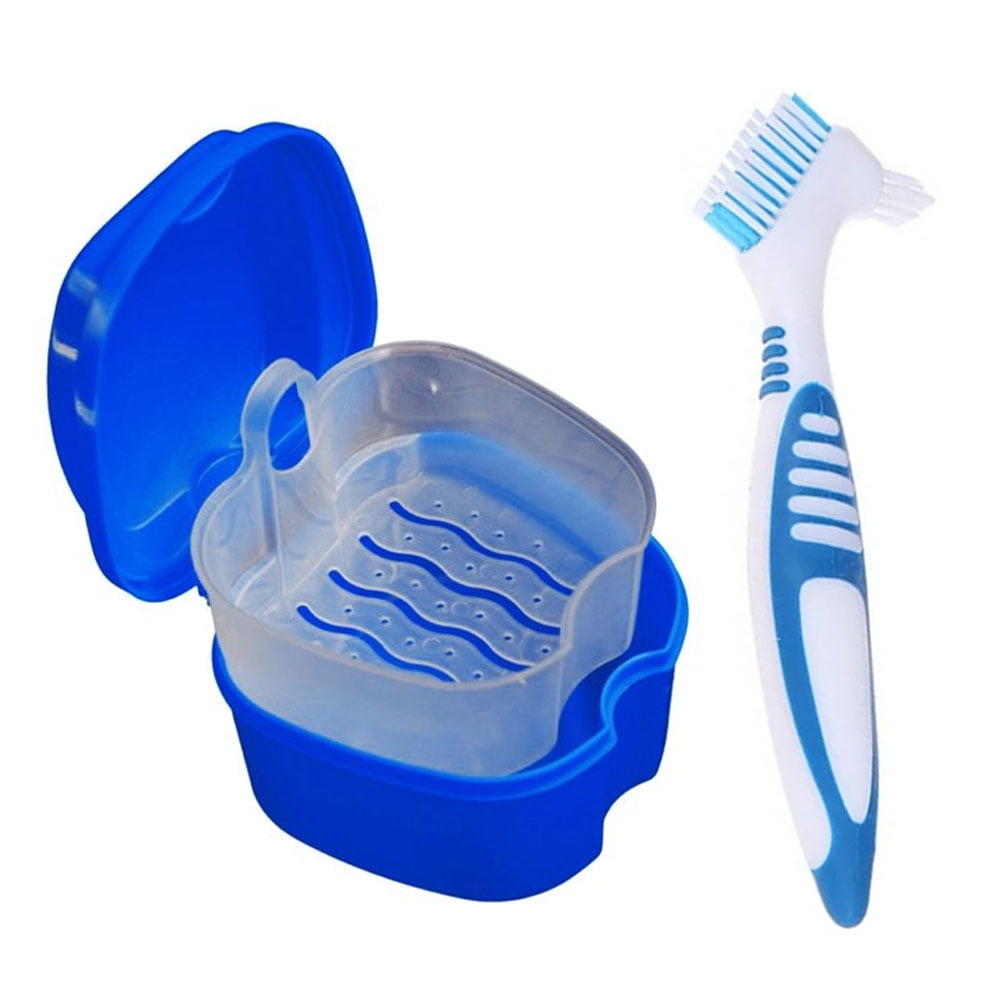 Denture Bath Case Cup Box Holder Storage Container with Denture Cleaner Brush Strainer Basket for Travel Cleaning Blue - Image 1