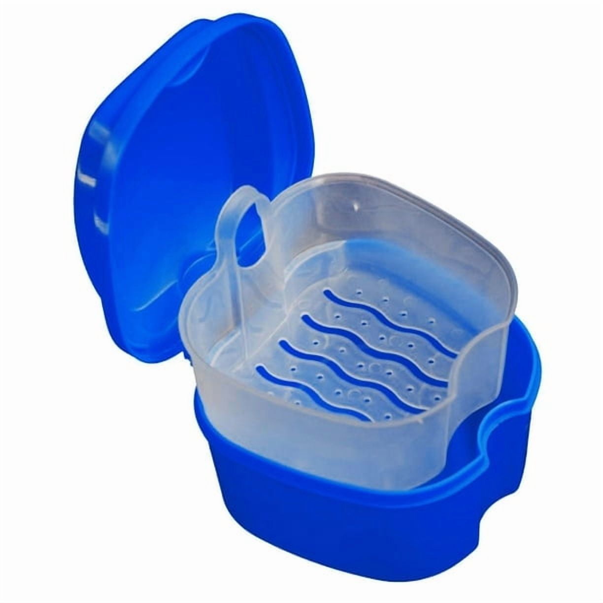 Denture Bath Case Cup Box Holder Storage Container with Denture Cleaner Brush Strainer Basket for Travel Cleaning Blue - Image 2