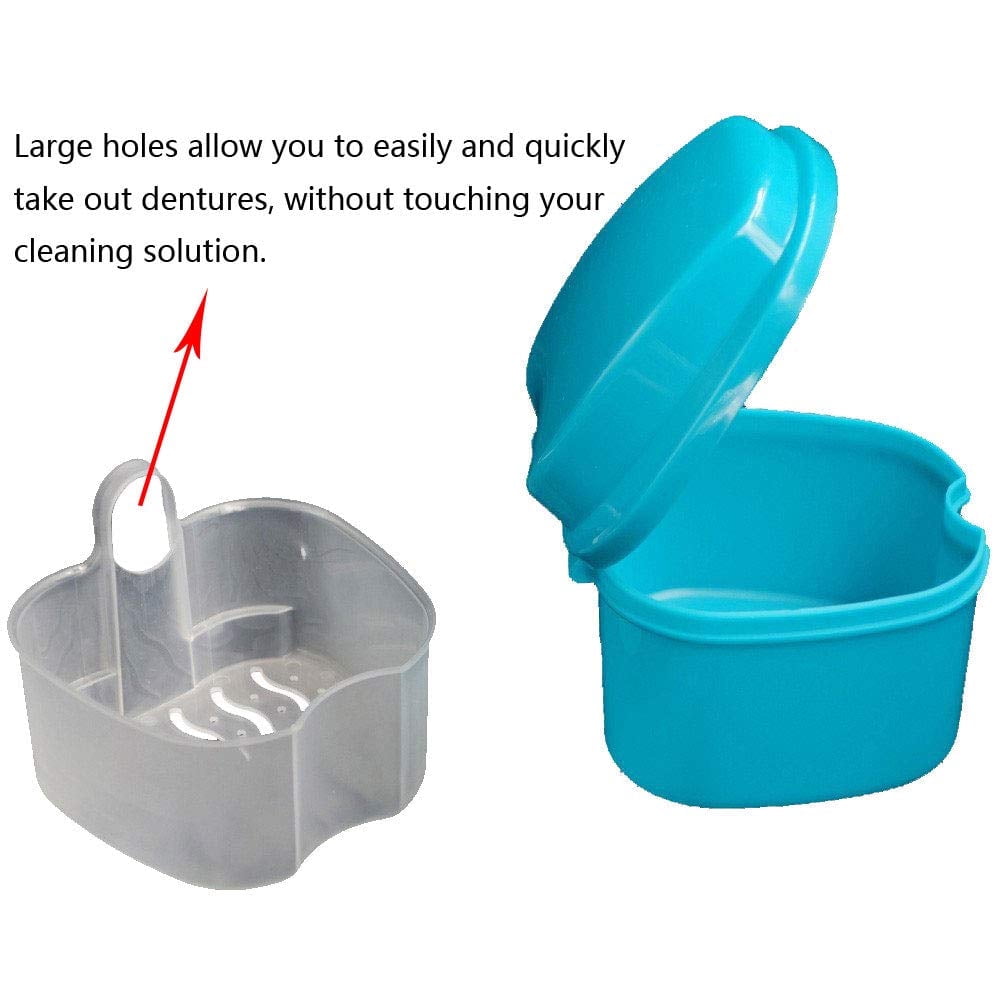 Denture Bath Case Cup Box Holder Storage Container with Denture Cleaner Brush Strainer Basket for Travel Cleaning Blue - Image 4